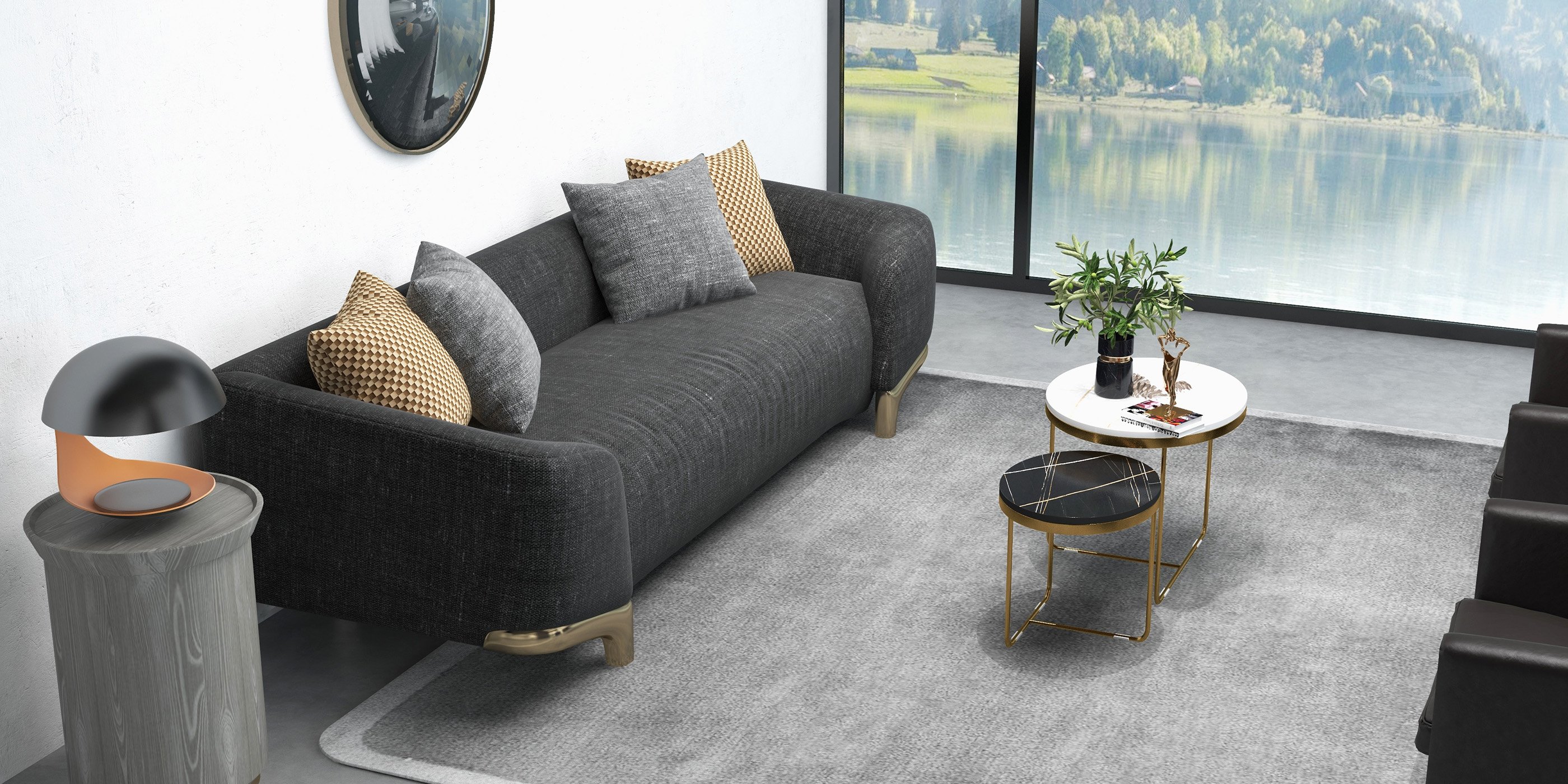 HMR - 3-Seat Cotton and Linen Upholstered Sofa with Pillows and Legs in 87"W, Gray and Gold