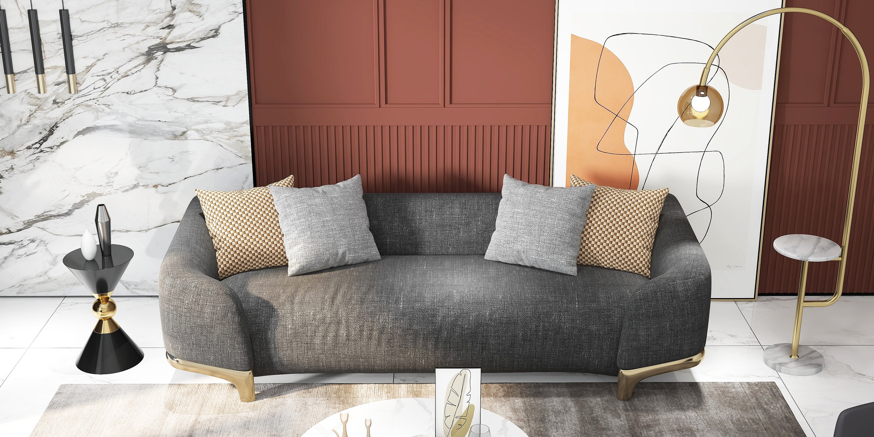 HMR - 3-Seat Cotton and Linen Upholstered Sofa with Pillows and Legs in 87"W, Gray and Gold