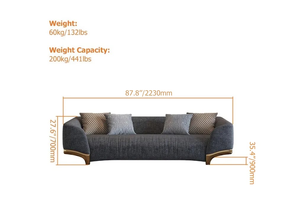 HMR - 3-Seat Cotton and Linen Upholstered Sofa with Pillows and Legs in 87"W, Gray and Gold