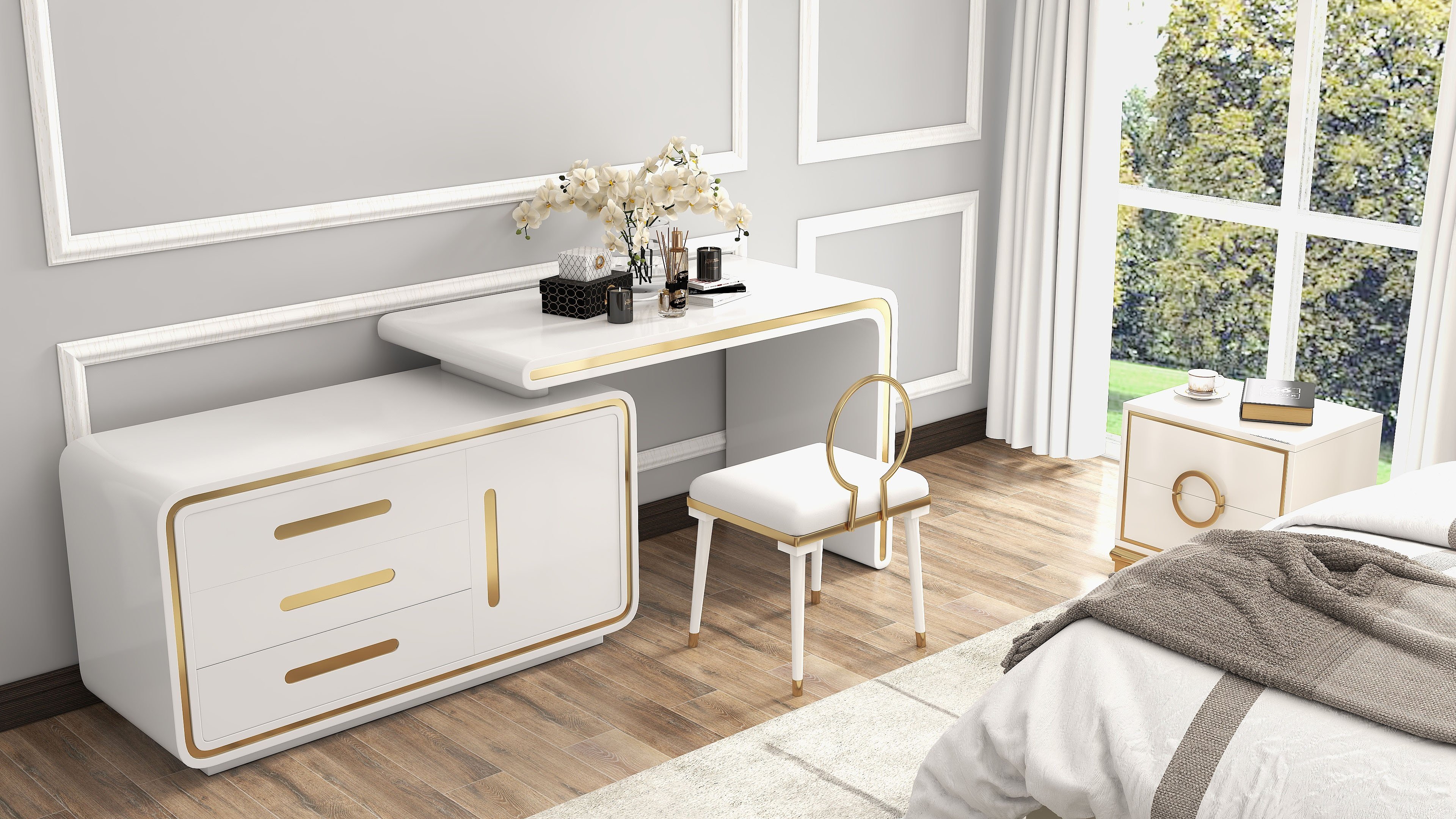 HMR Modern 47" L-Shaped Corner Rotating Computer Desk - White