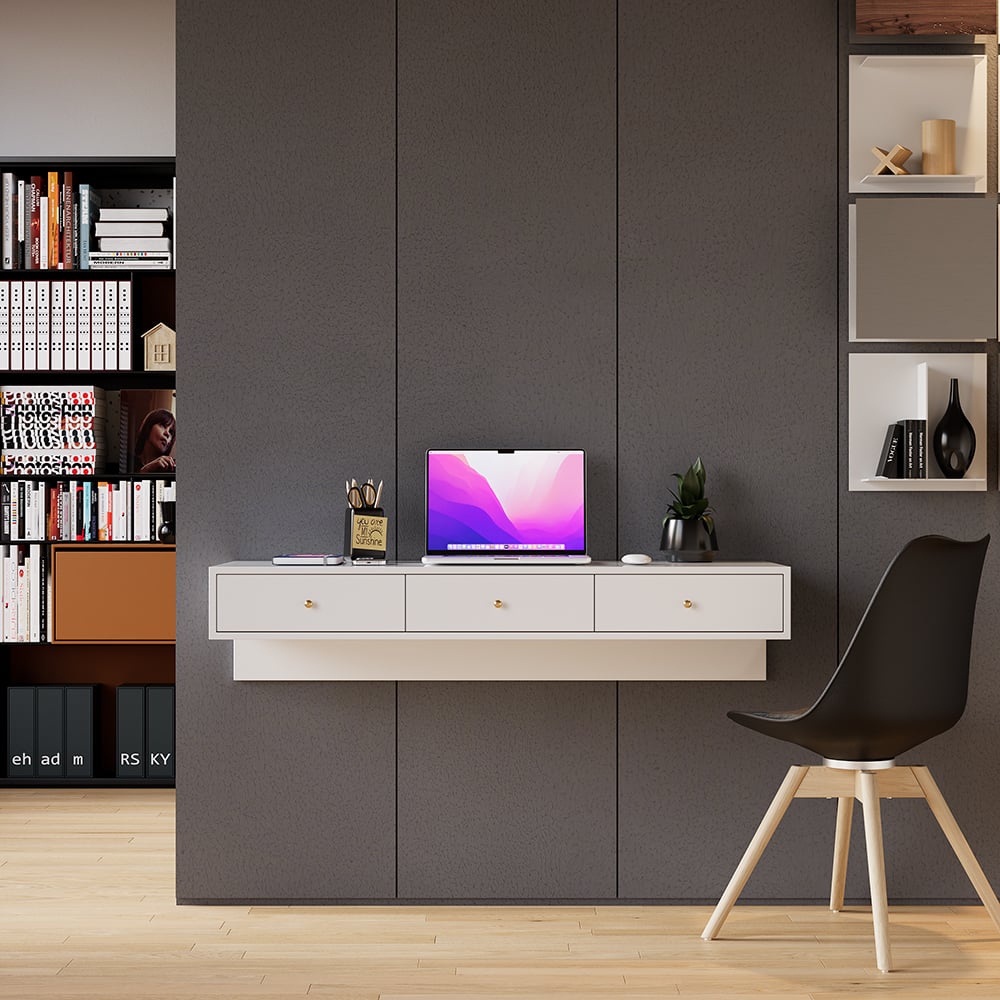 HMR - Floating Desk with Drawers Wall Mounted in White