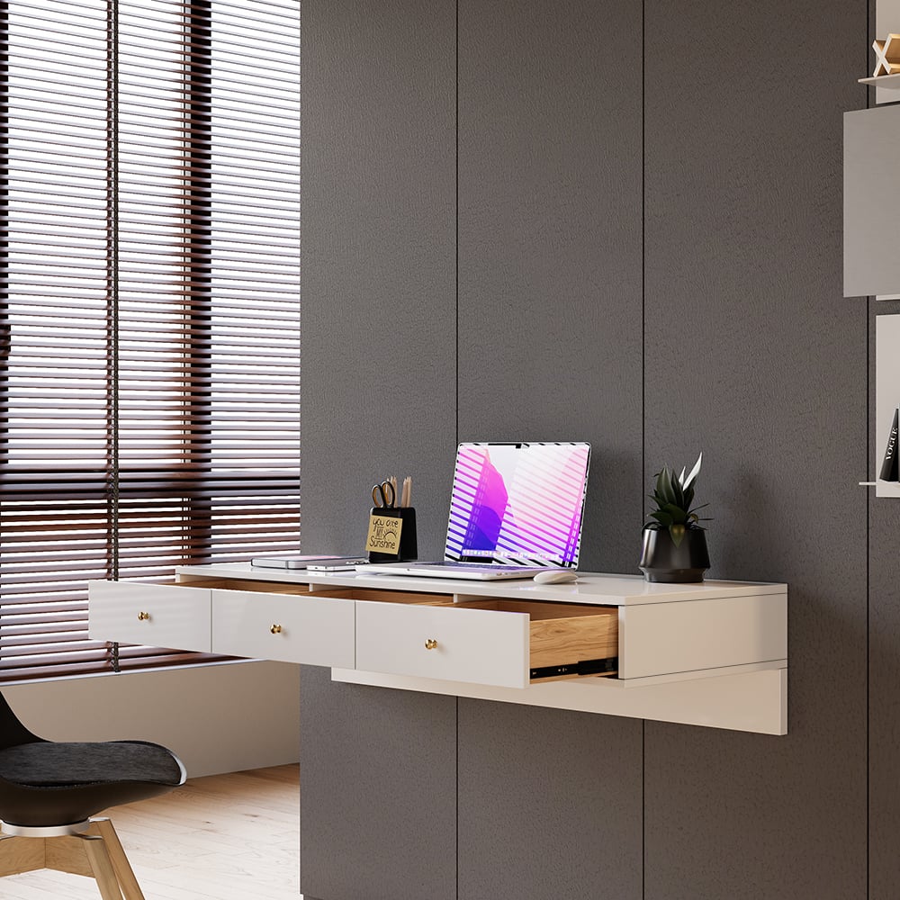 HMR - Floating Desk with Drawers Wall Mounted in White