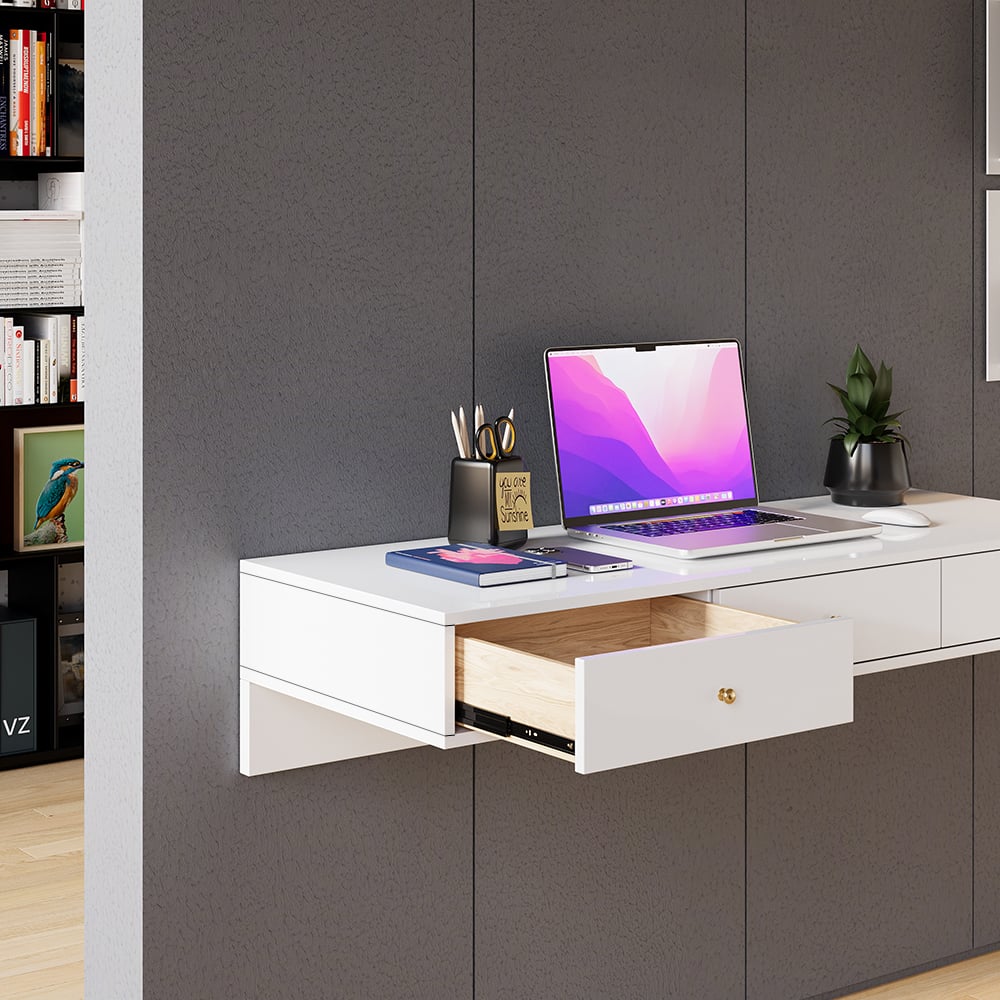 HMR - Floating Desk with Drawers Wall Mounted in White