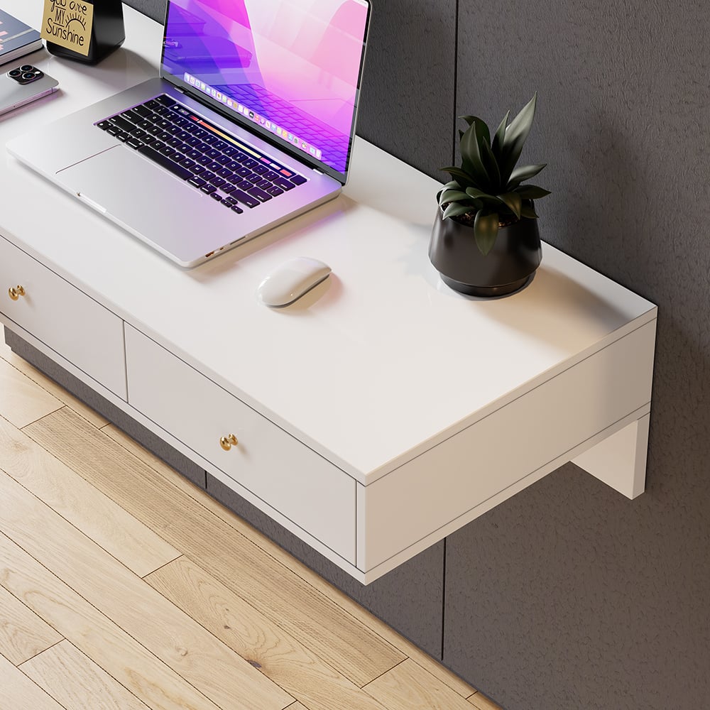 HMR - Floating Desk with Drawers Wall Mounted in White