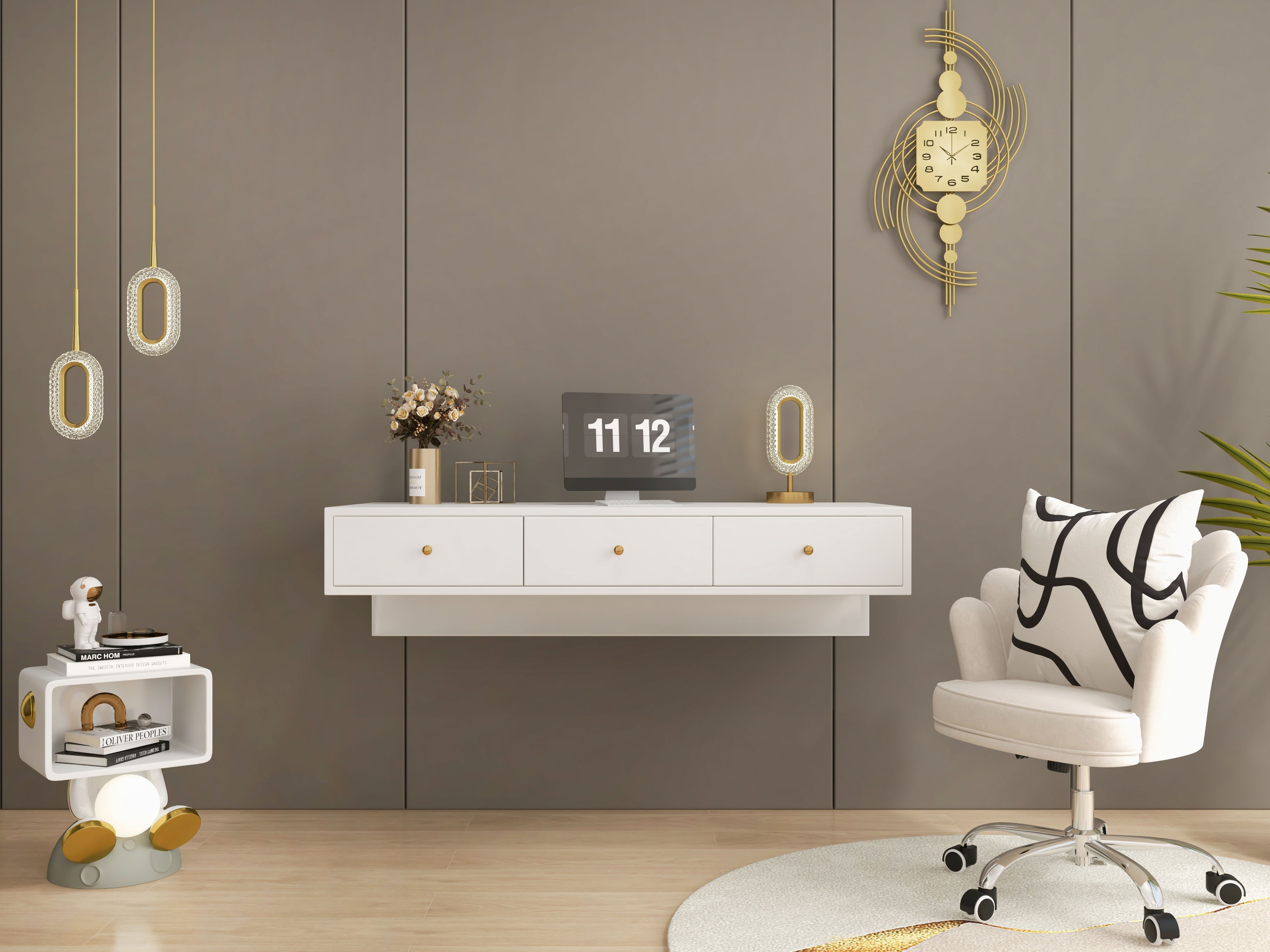 HMR - Floating Desk with Drawers Wall Mounted in White