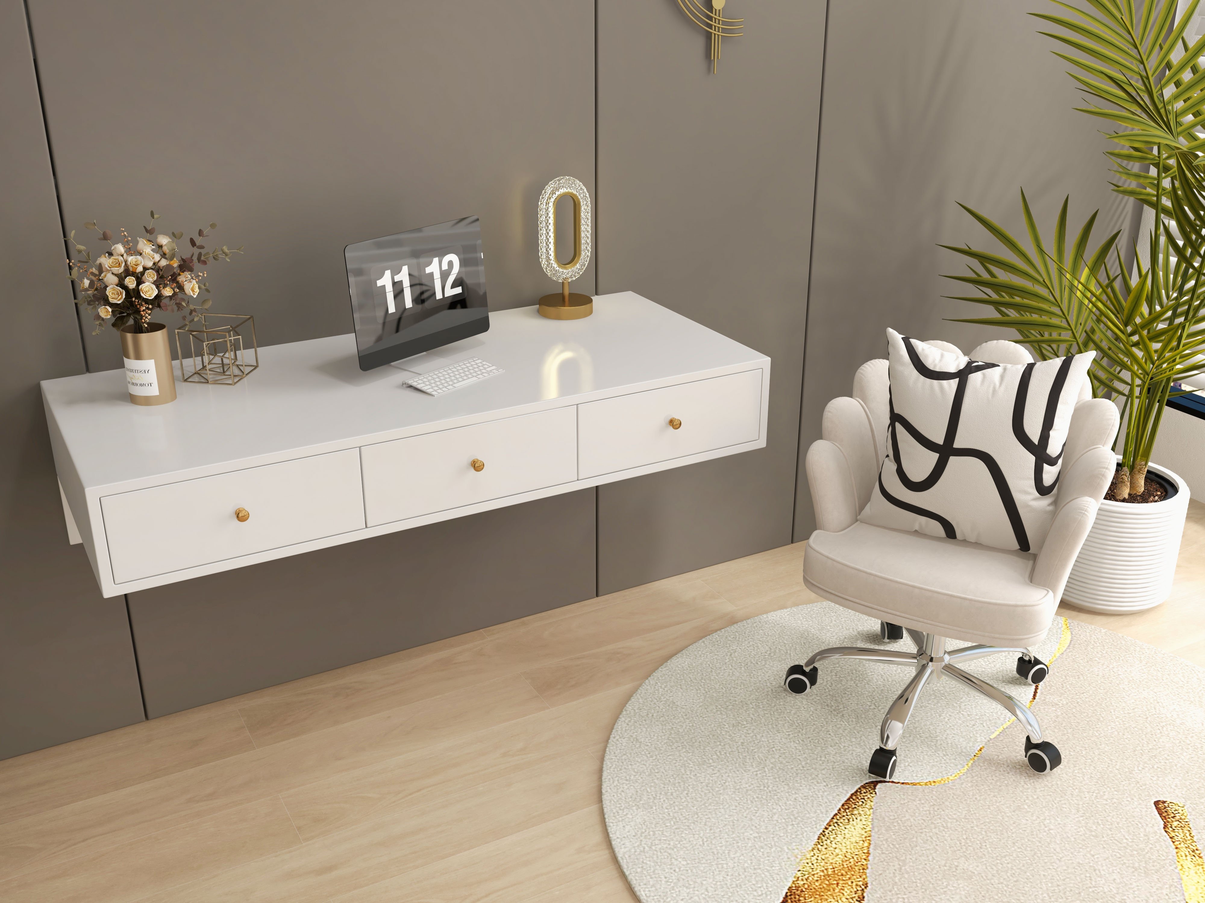 HMR - Floating Desk with Drawers Wall Mounted in White
