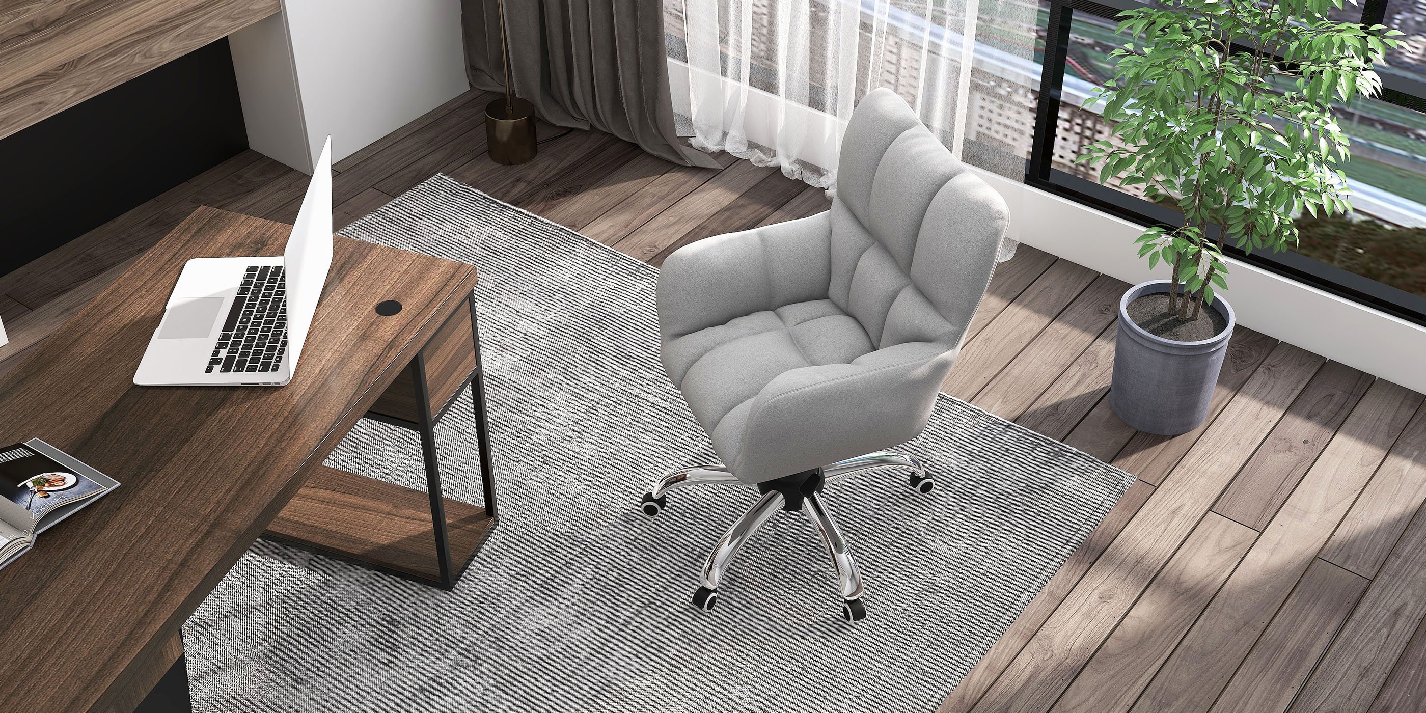 HMR - Modern Office Chair Upholstered Cotton Linen Swivel Task Chair Height Adjustable