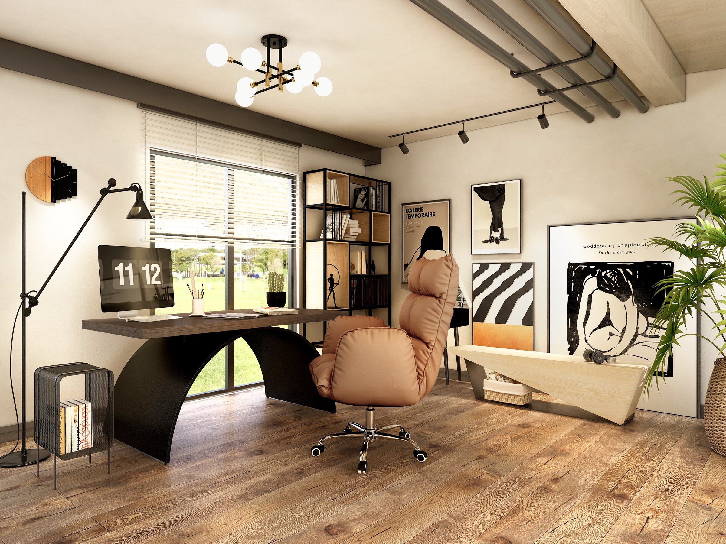 HMR - PU Leather Swivel Office Chair Height Adjustable in Brown