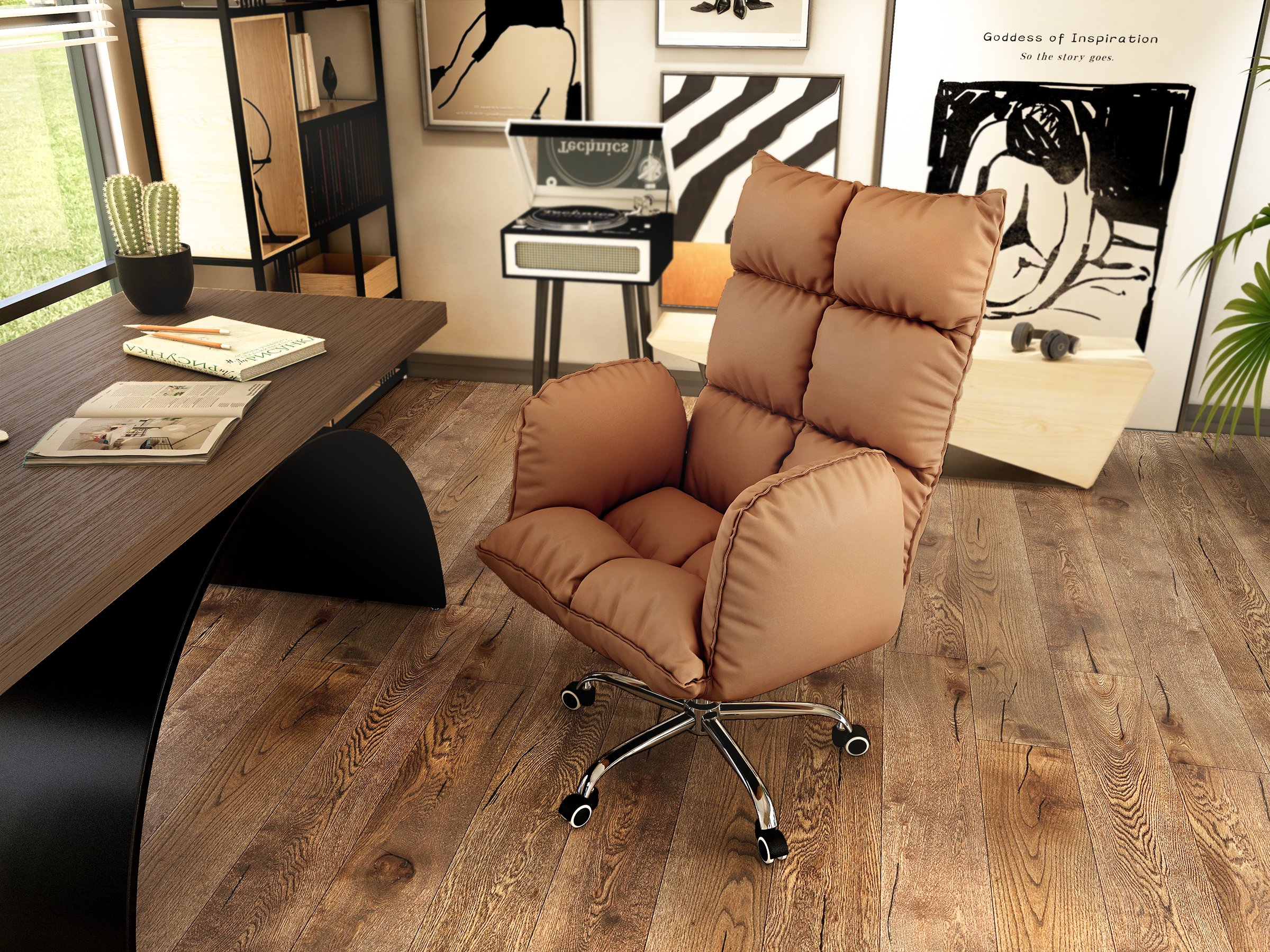 HMR - PU Leather Swivel Office Chair Height Adjustable in Brown