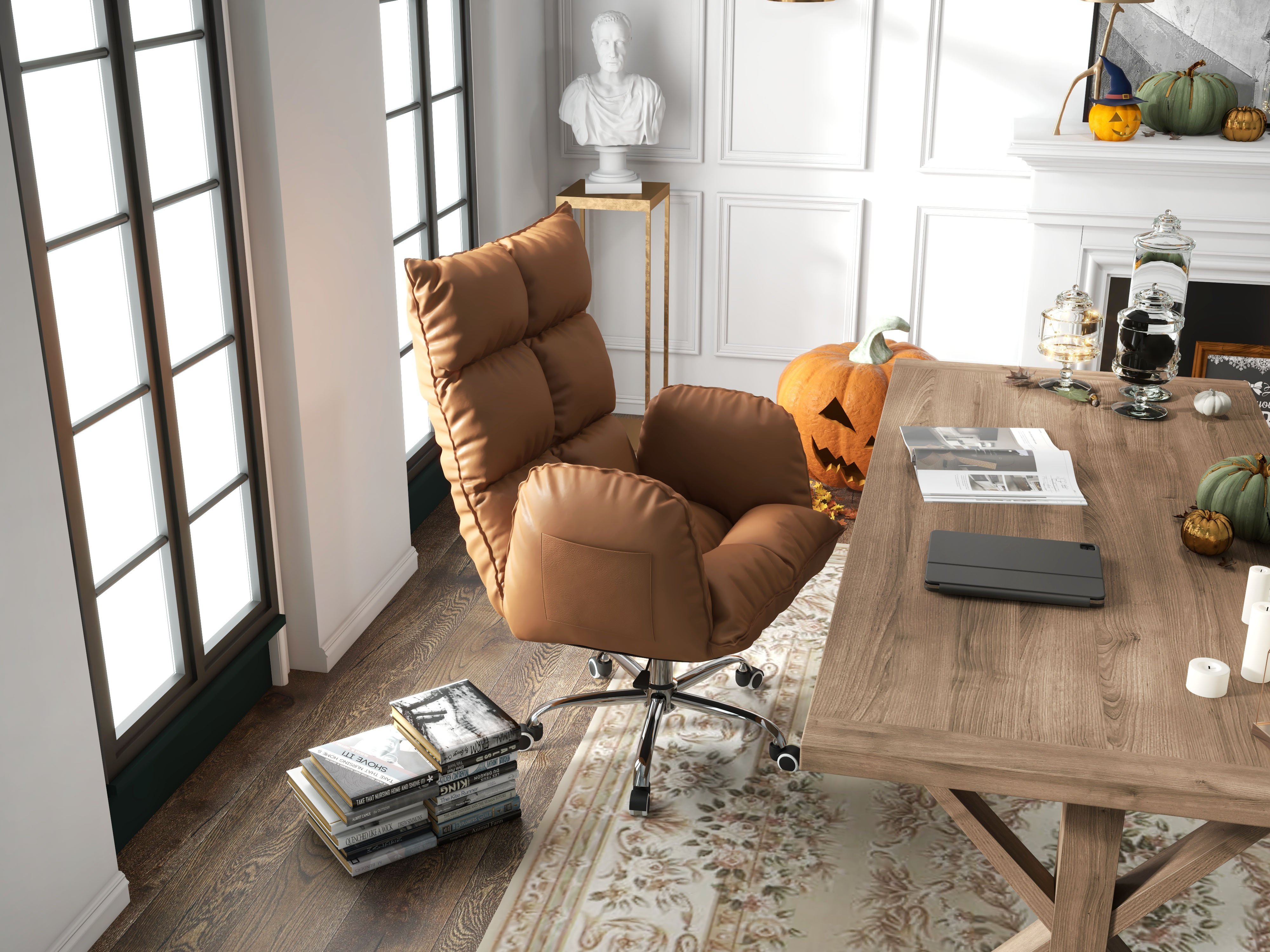 HMR - PU Leather Swivel Office Chair Height Adjustable in Brown