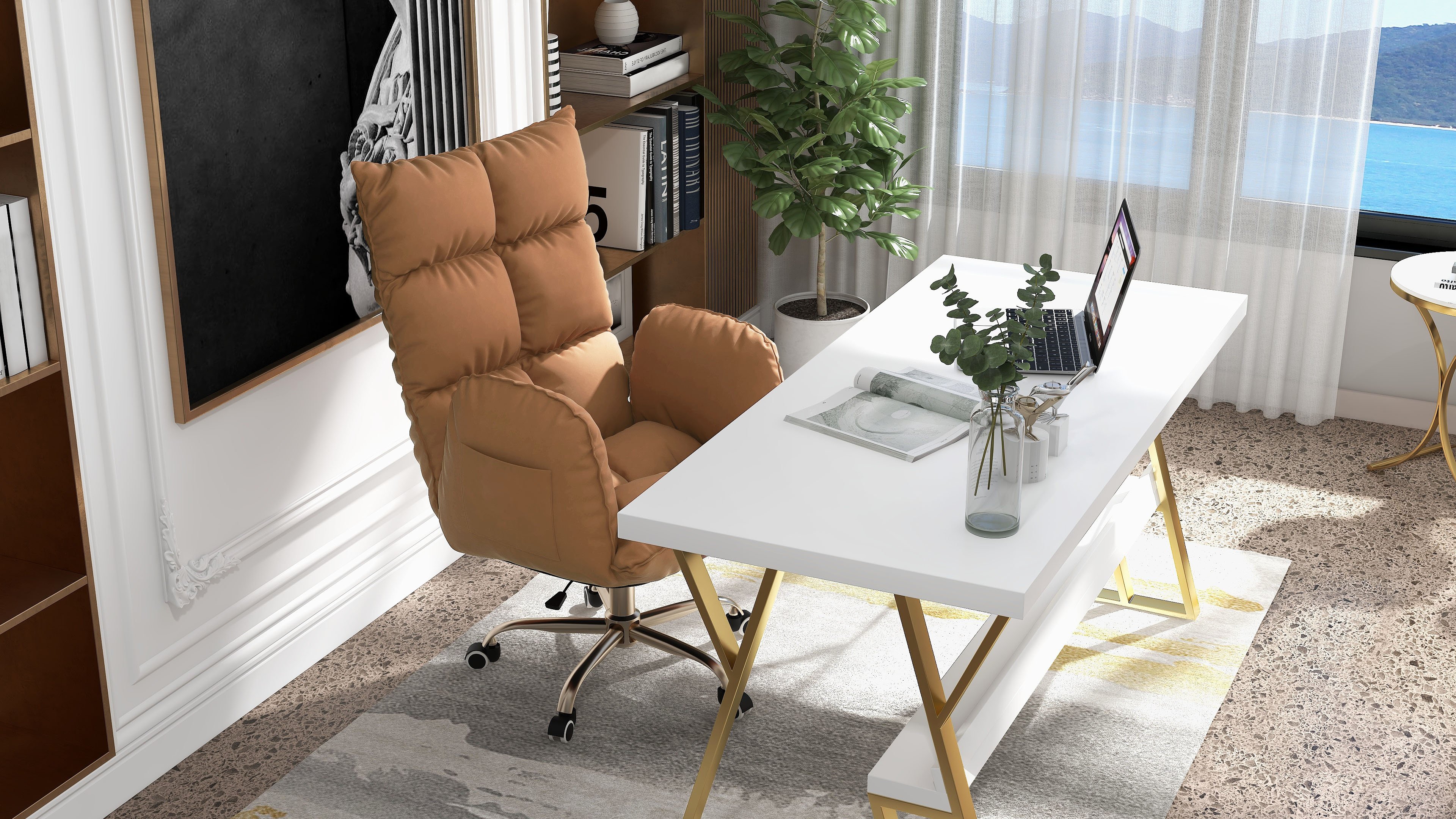 HMR - PU Leather Swivel Office Chair Height Adjustable in Brown