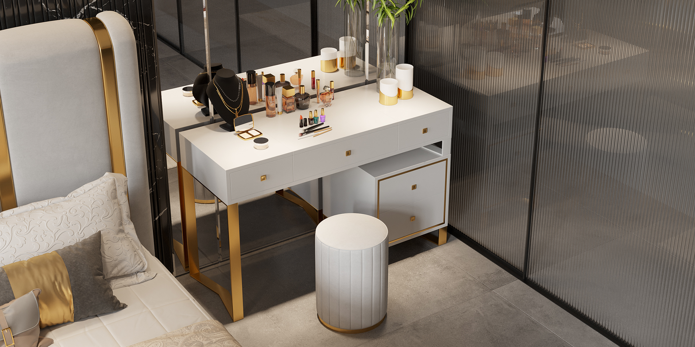 HMR - PU Leather Upholstered Vanity Stool in White