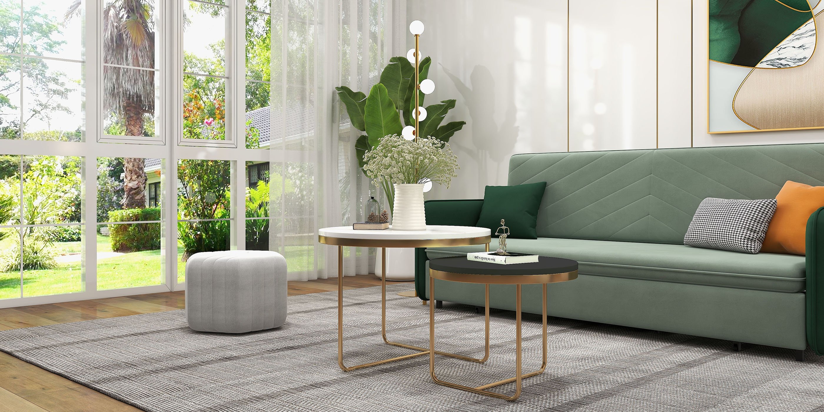 HMR Wide Hexagonal Pouf Ottoman - Gray, Velvet