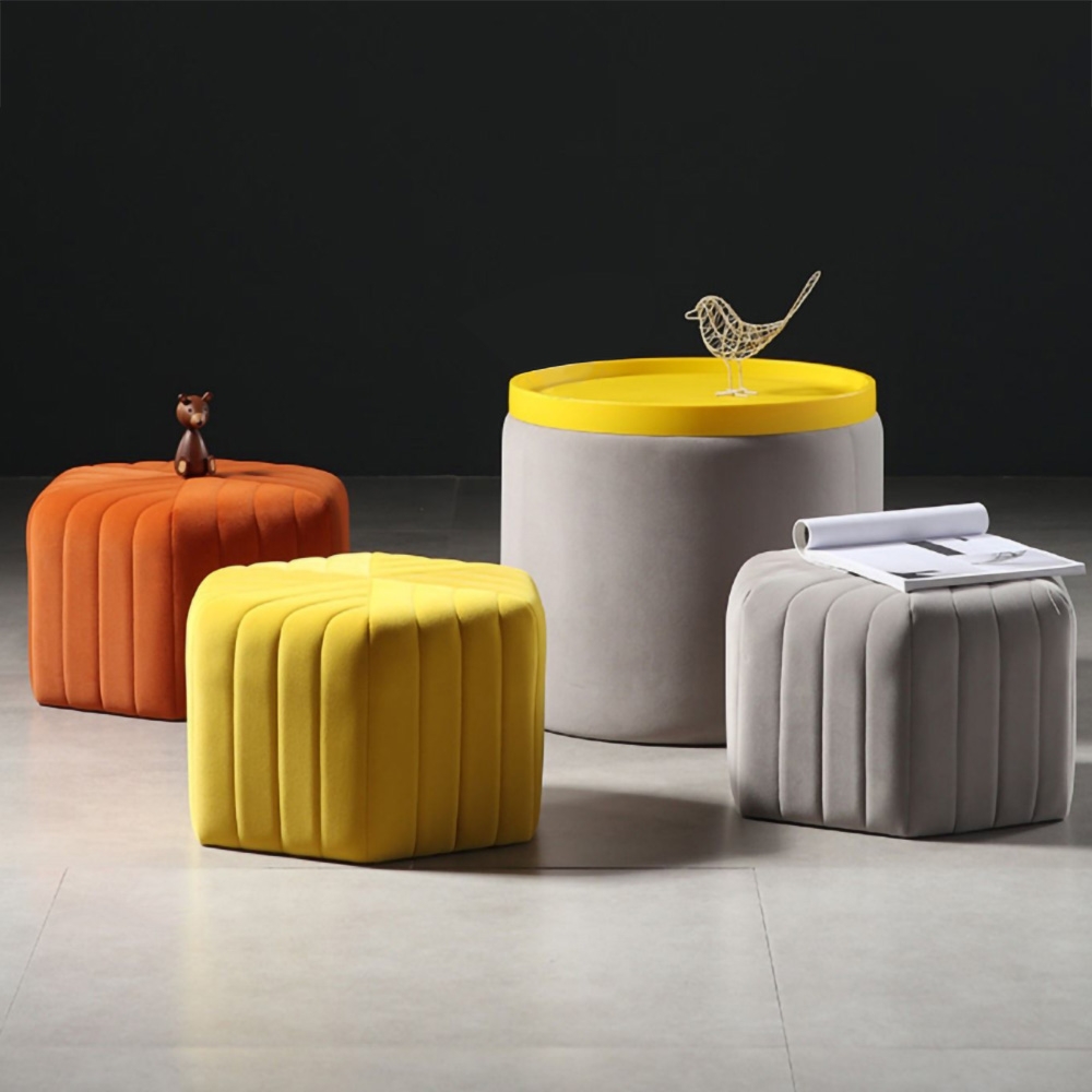 HMR Wide Hexagonal Pouf Ottoman - Orange, Velvet