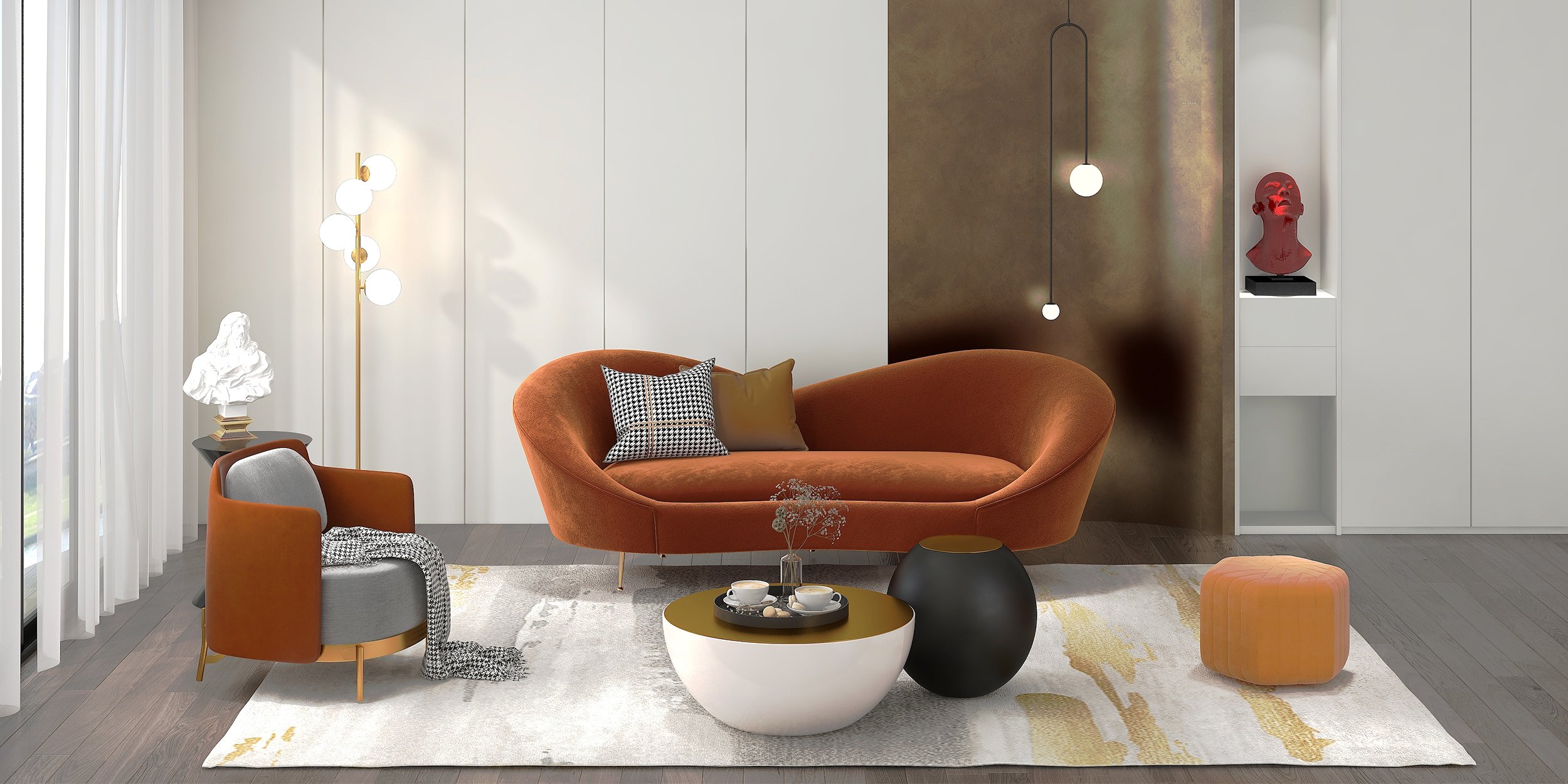 HMR Wide Hexagonal Pouf Ottoman - Orange, Velvet