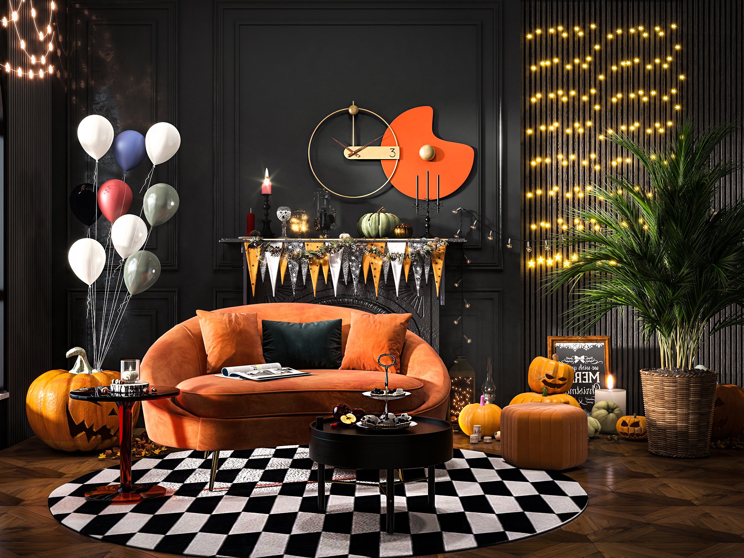 HMR Wide Hexagonal Pouf Ottoman - Orange, Velvet