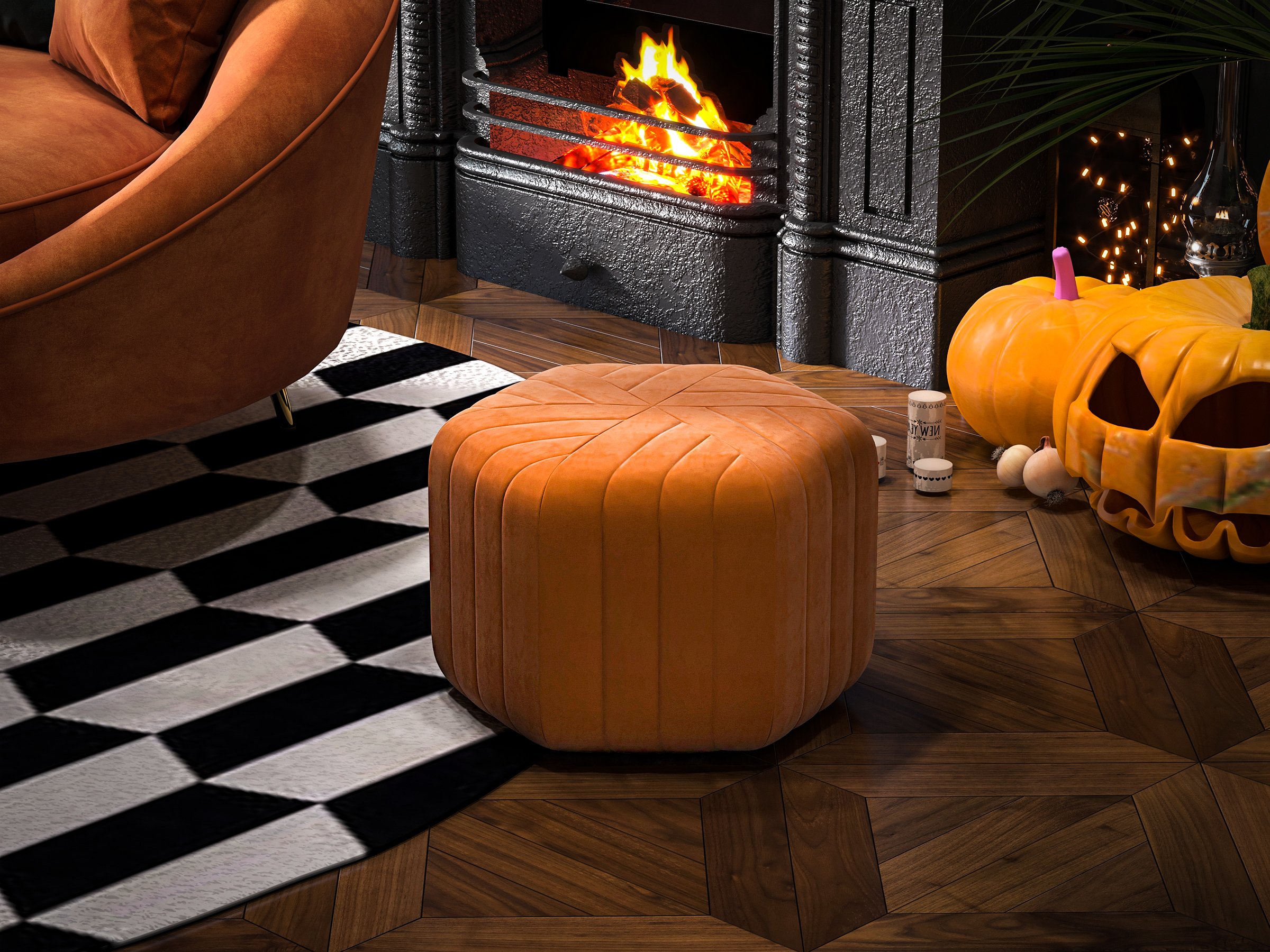 HMR Wide Hexagonal Pouf Ottoman - Orange, Velvet