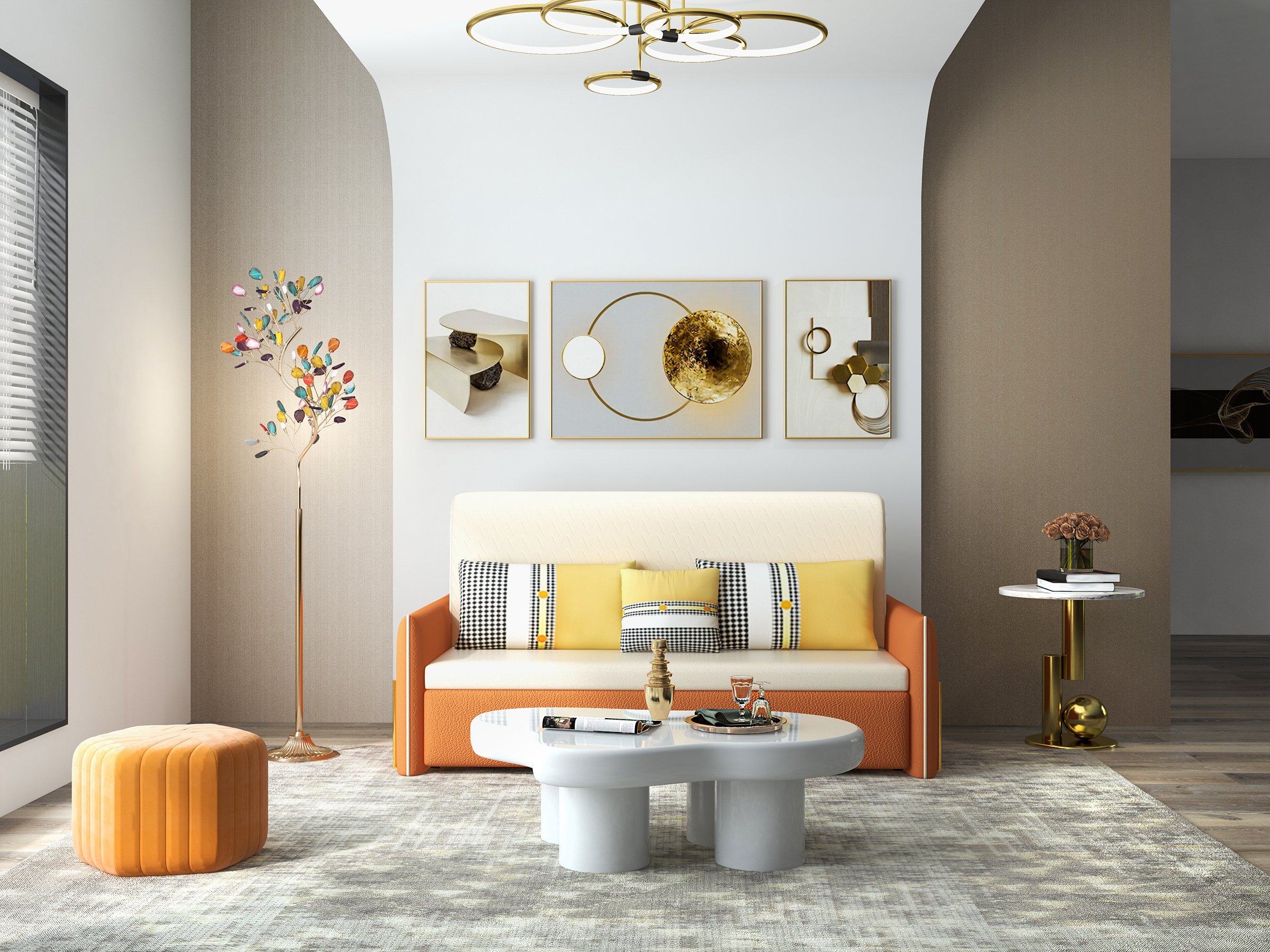 HMR Wide Hexagonal Pouf Ottoman - Orange, Velvet