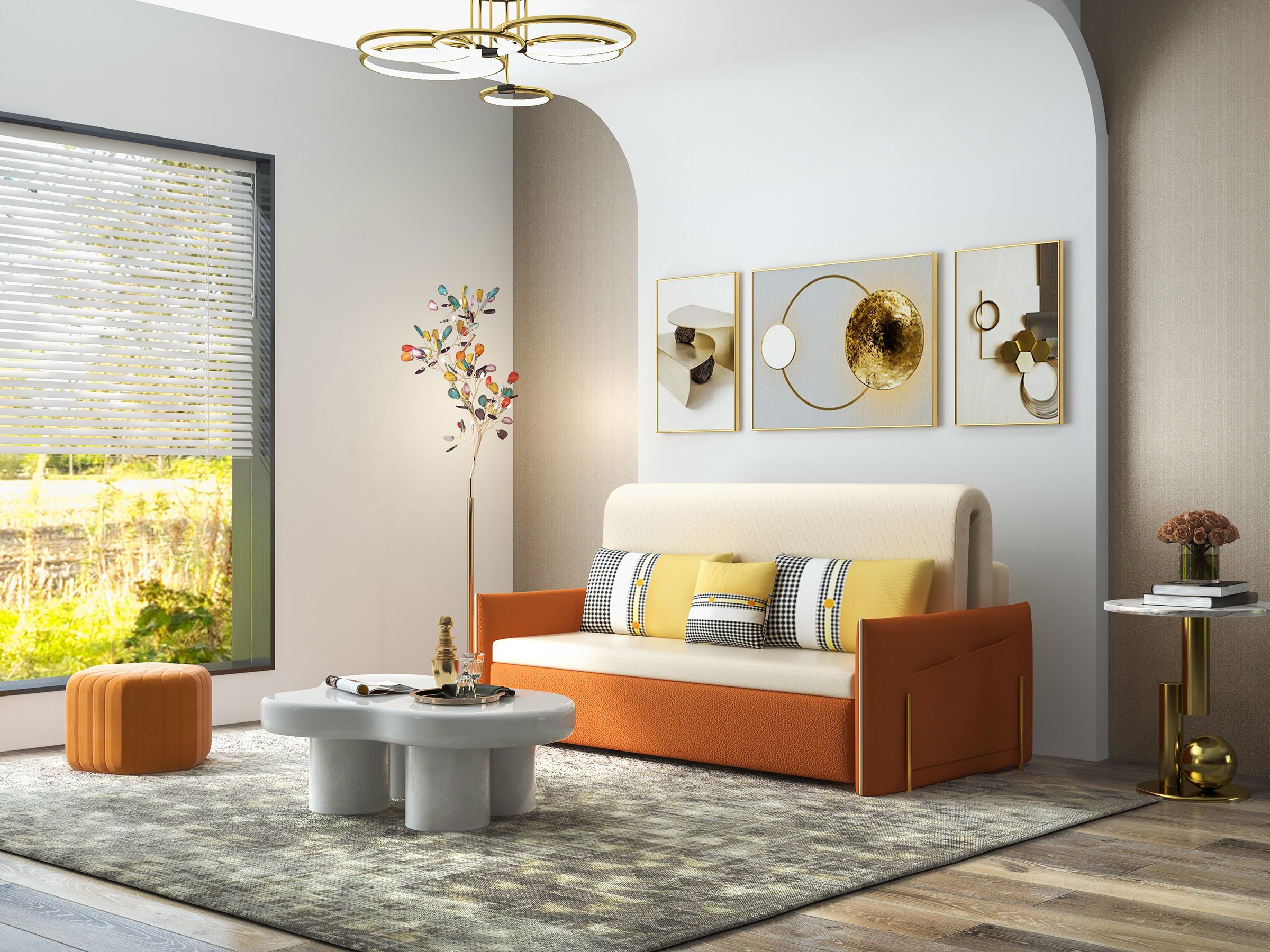 HMR Wide Hexagonal Pouf Ottoman - Orange, Velvet