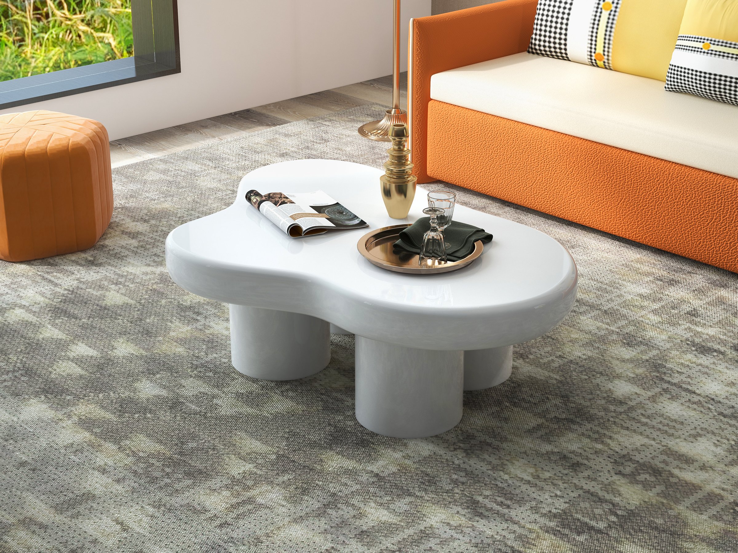 HMR Wide Hexagonal Pouf Ottoman - Orange, Velvet