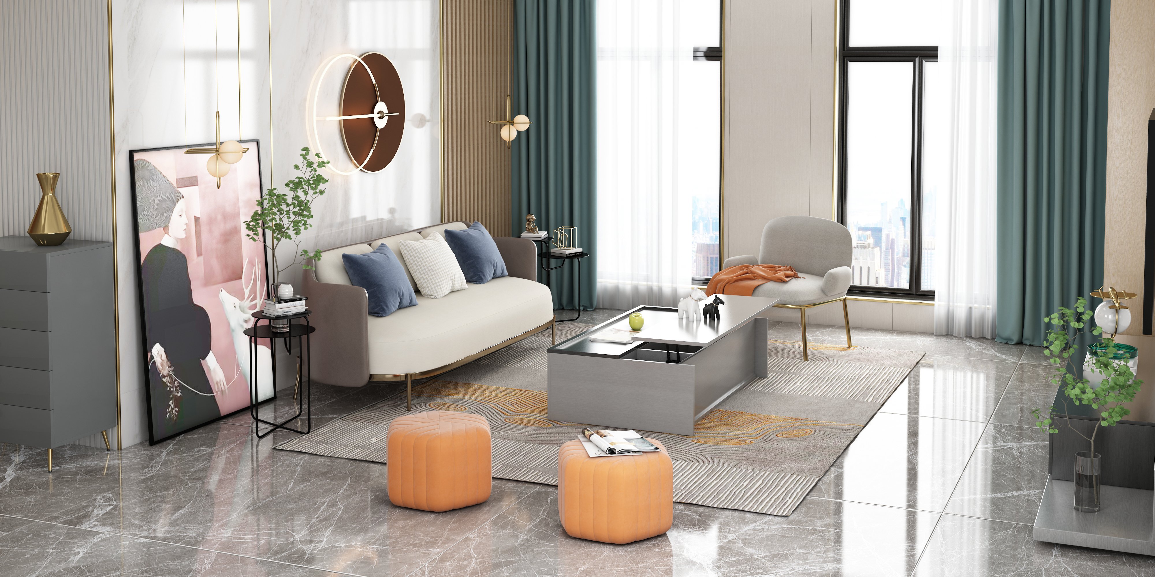 HMR Wide Hexagonal Pouf Ottoman - Orange, Velvet