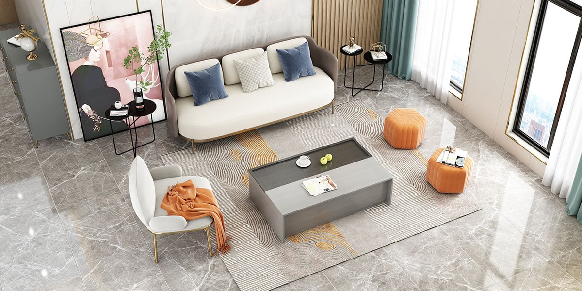 HMR Wide Hexagonal Pouf Ottoman - Orange, Velvet