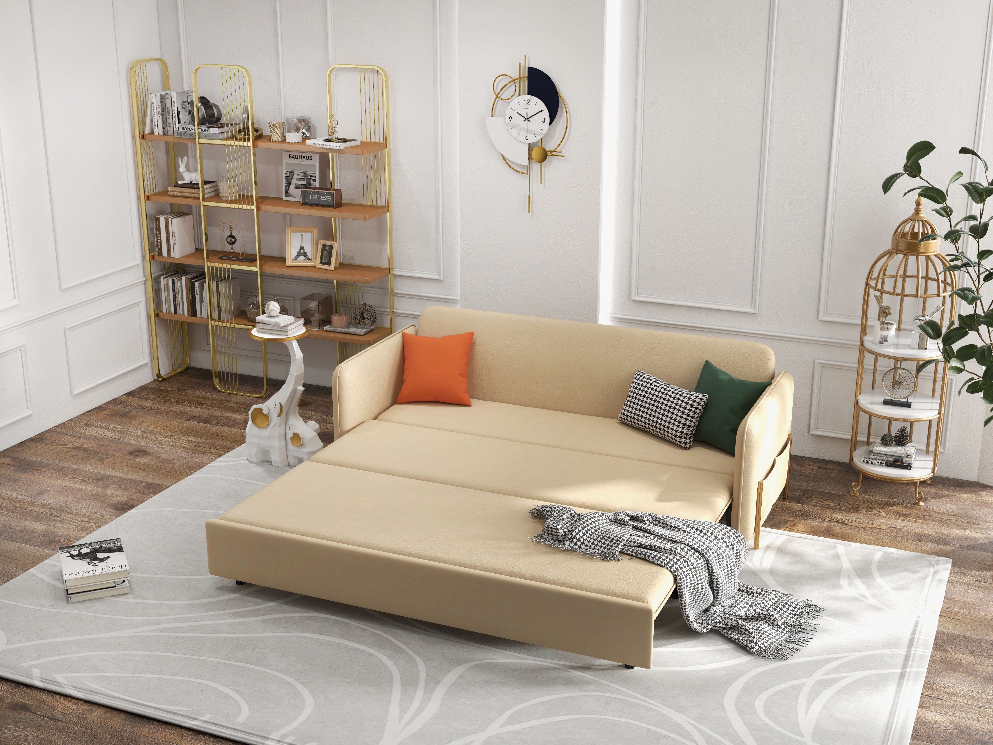 HMR King 3-Seater Sleeper Sofa - Beige, Velvet