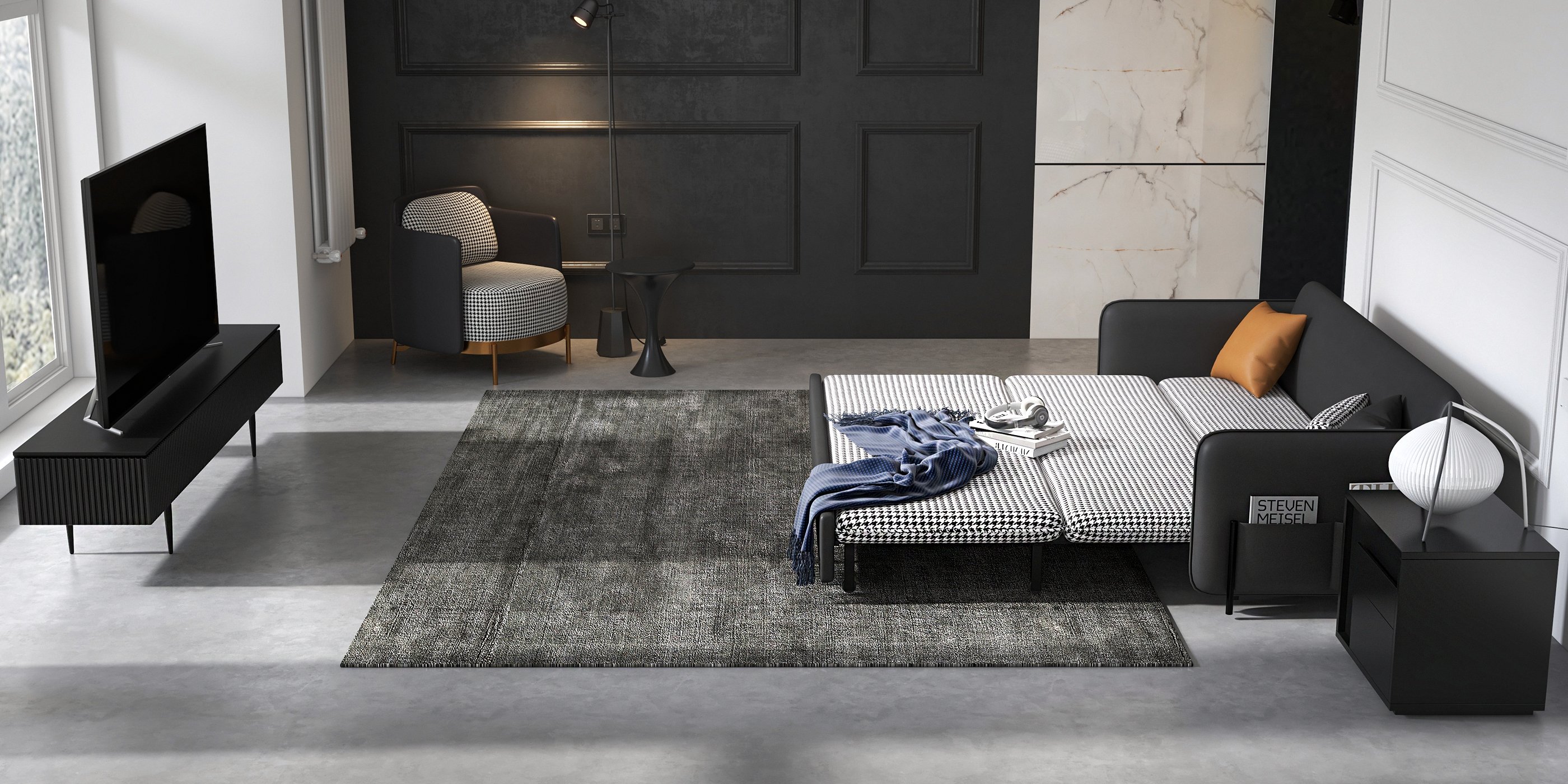 HMR King 3-Seater Sleeper Sofa - Deep Gray, Leather
