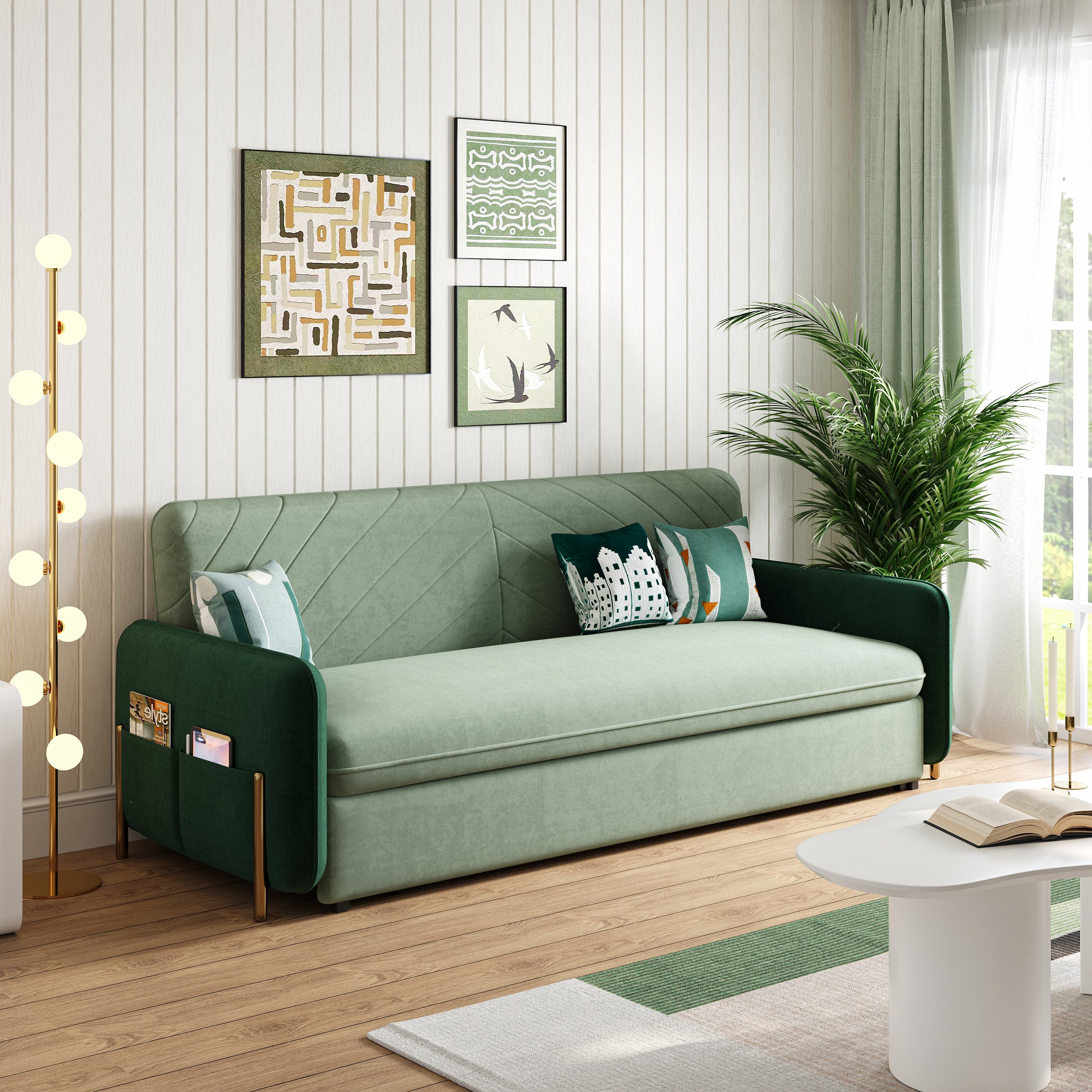 HMR Full 2-Seater Sleeper Sofa - Green/Gold, Velvet