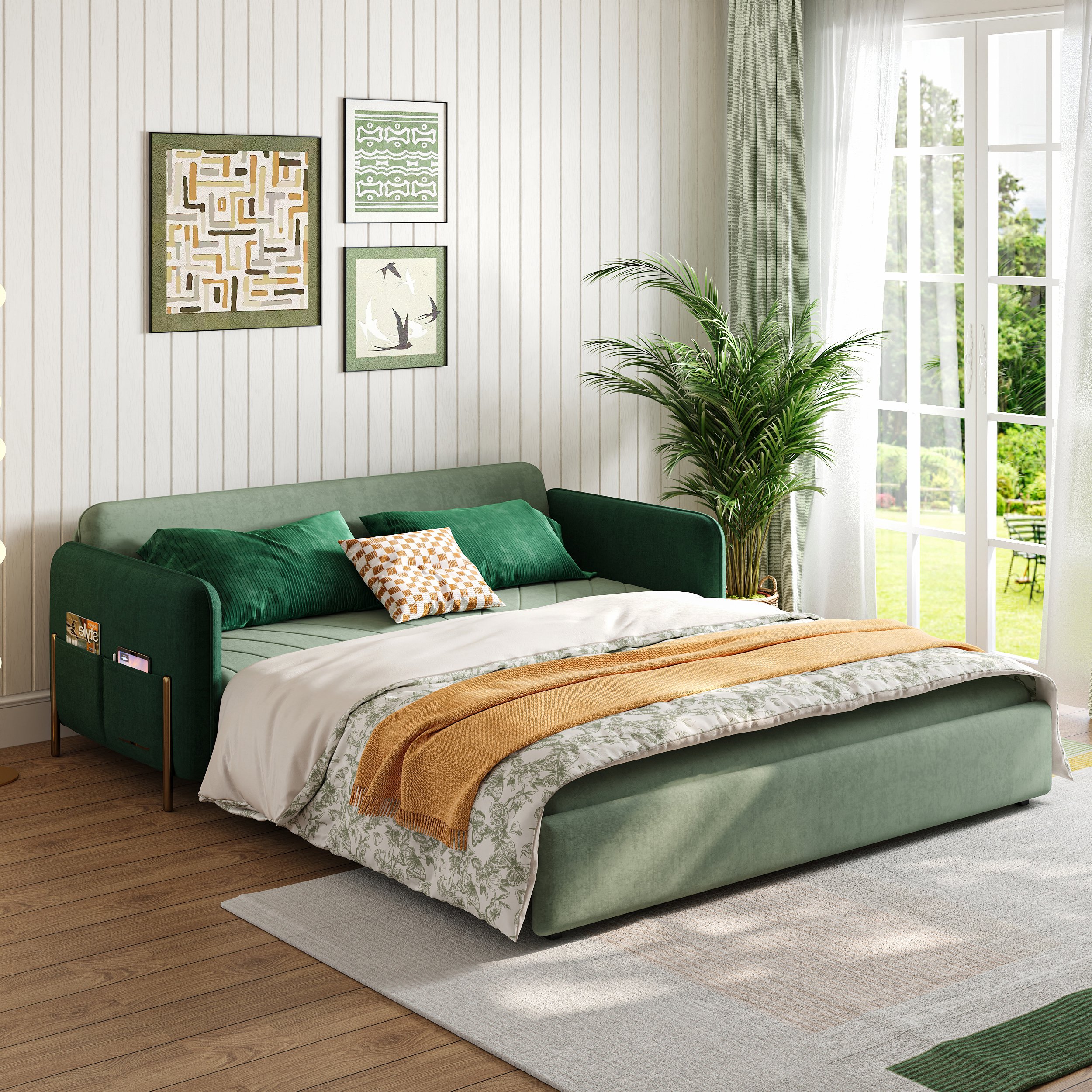 HMR Full 2-Seater Sleeper Sofa - Green/Gold, Velvet