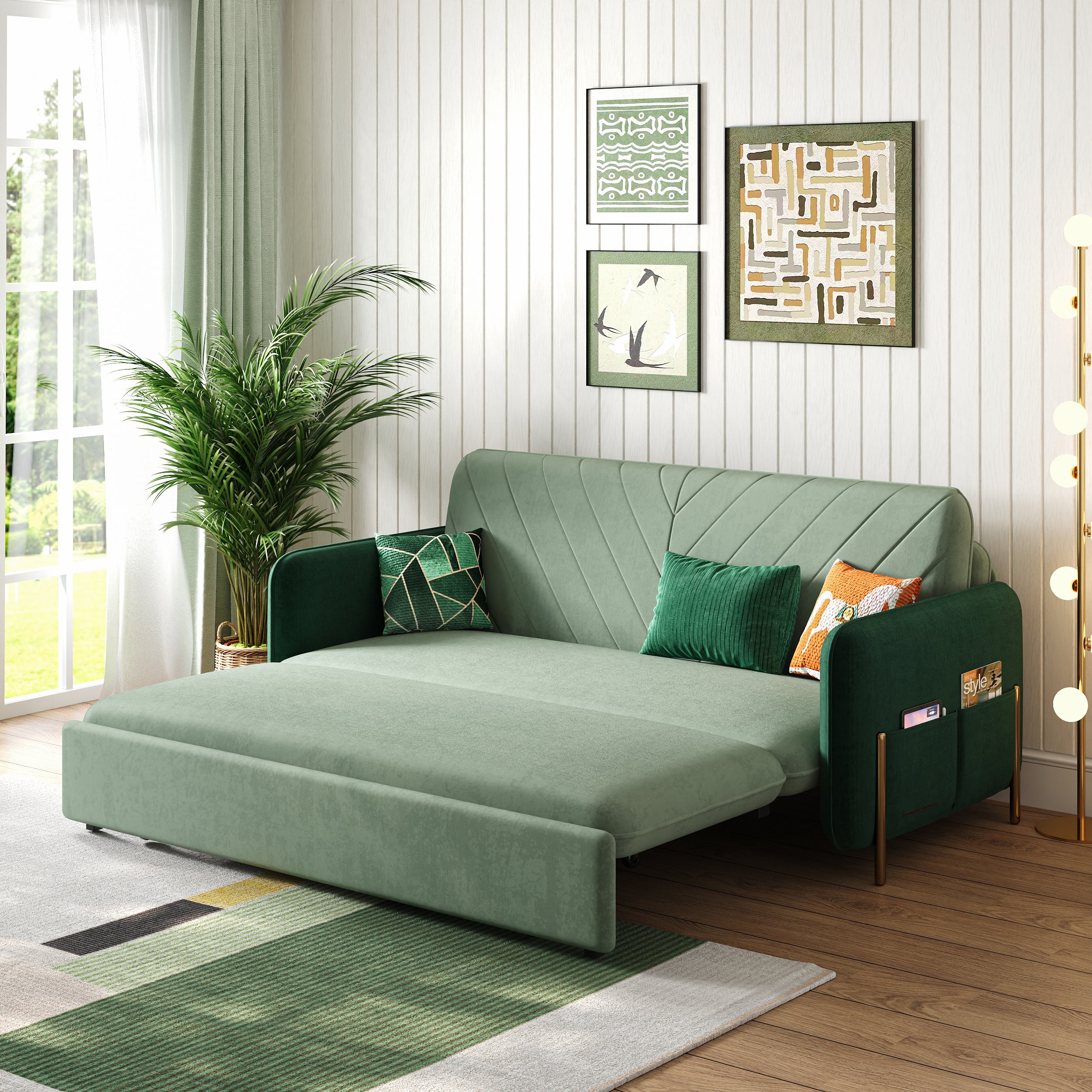 HMR Full 2-Seater Sleeper Sofa - Green/Gold, Velvet