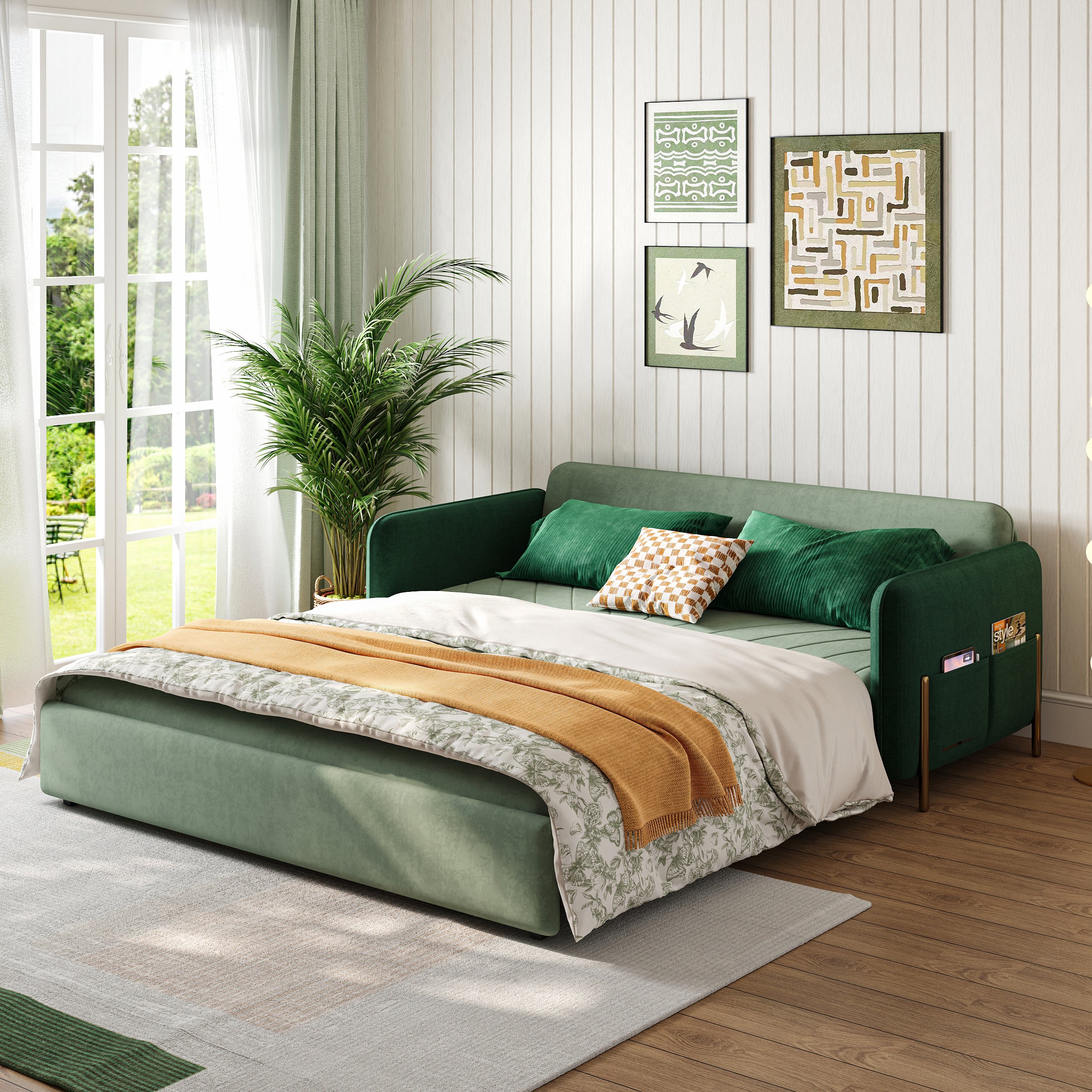 HMR Full 2-Seater Sleeper Sofa - Green/Gold, Velvet