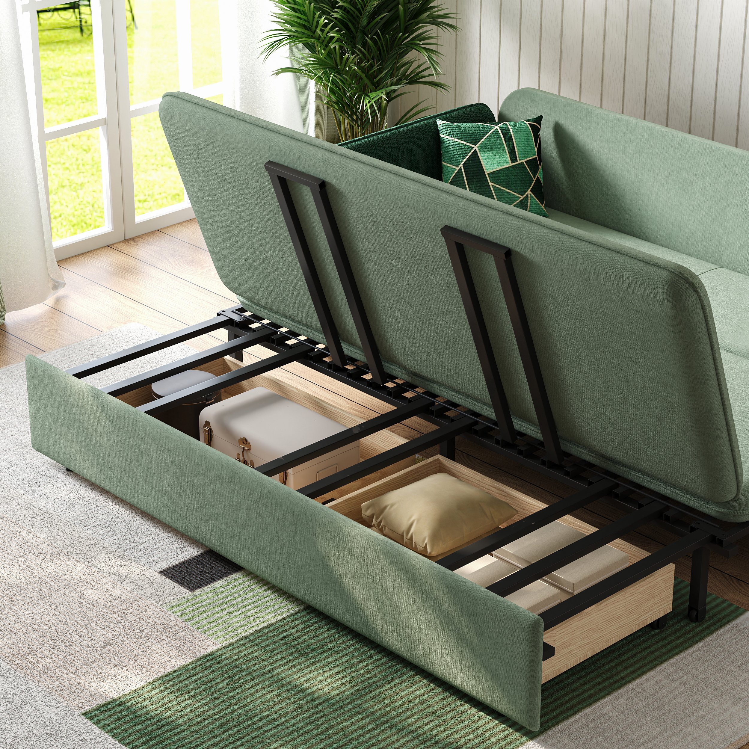 HMR Full 2-Seater Sleeper Sofa - Green/Gold, Velvet