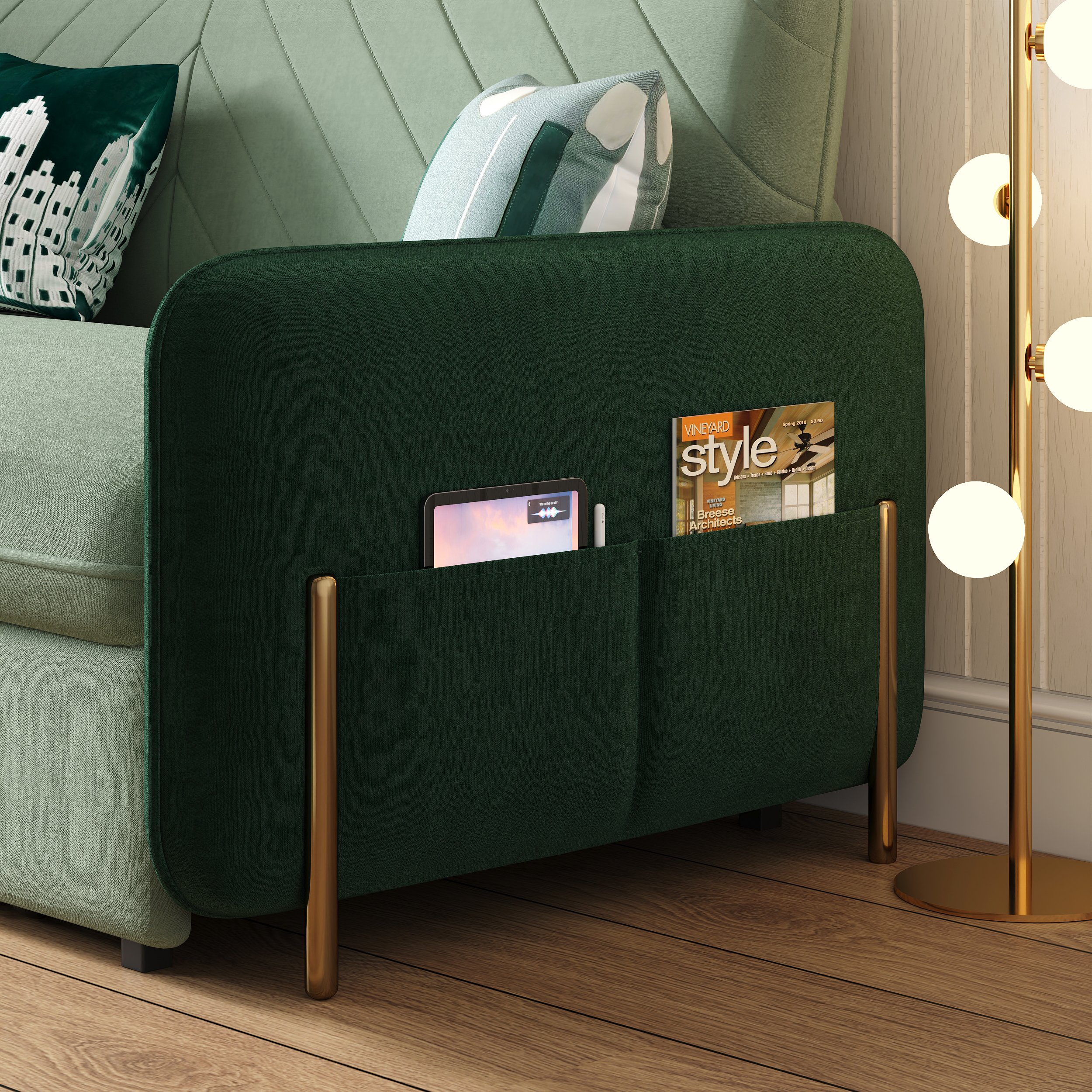 HMR Full 2-Seater Sleeper Sofa - Green/Gold, Velvet