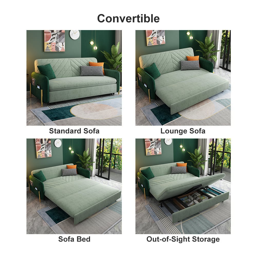 HMR Full 2-Seater Sleeper Sofa - Green/Gold, Velvet