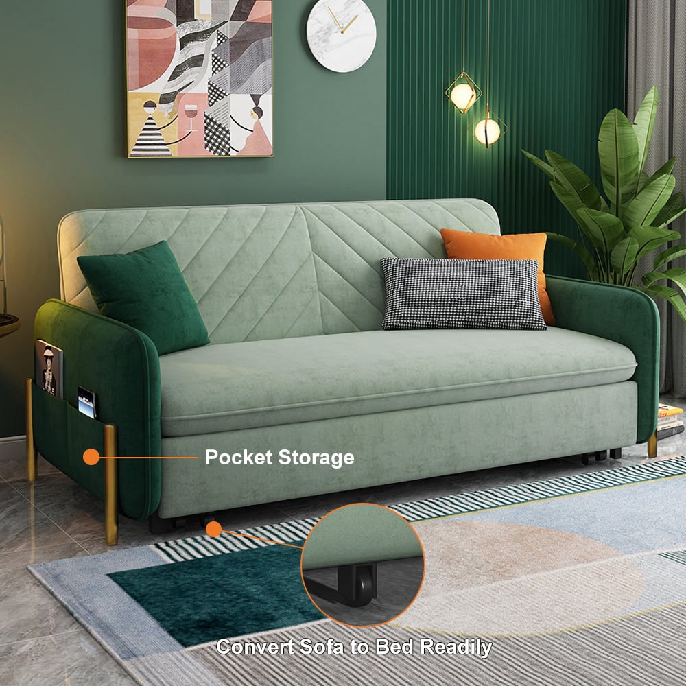 HMR Full 2-Seater Sleeper Sofa - Green/Gold, Velvet