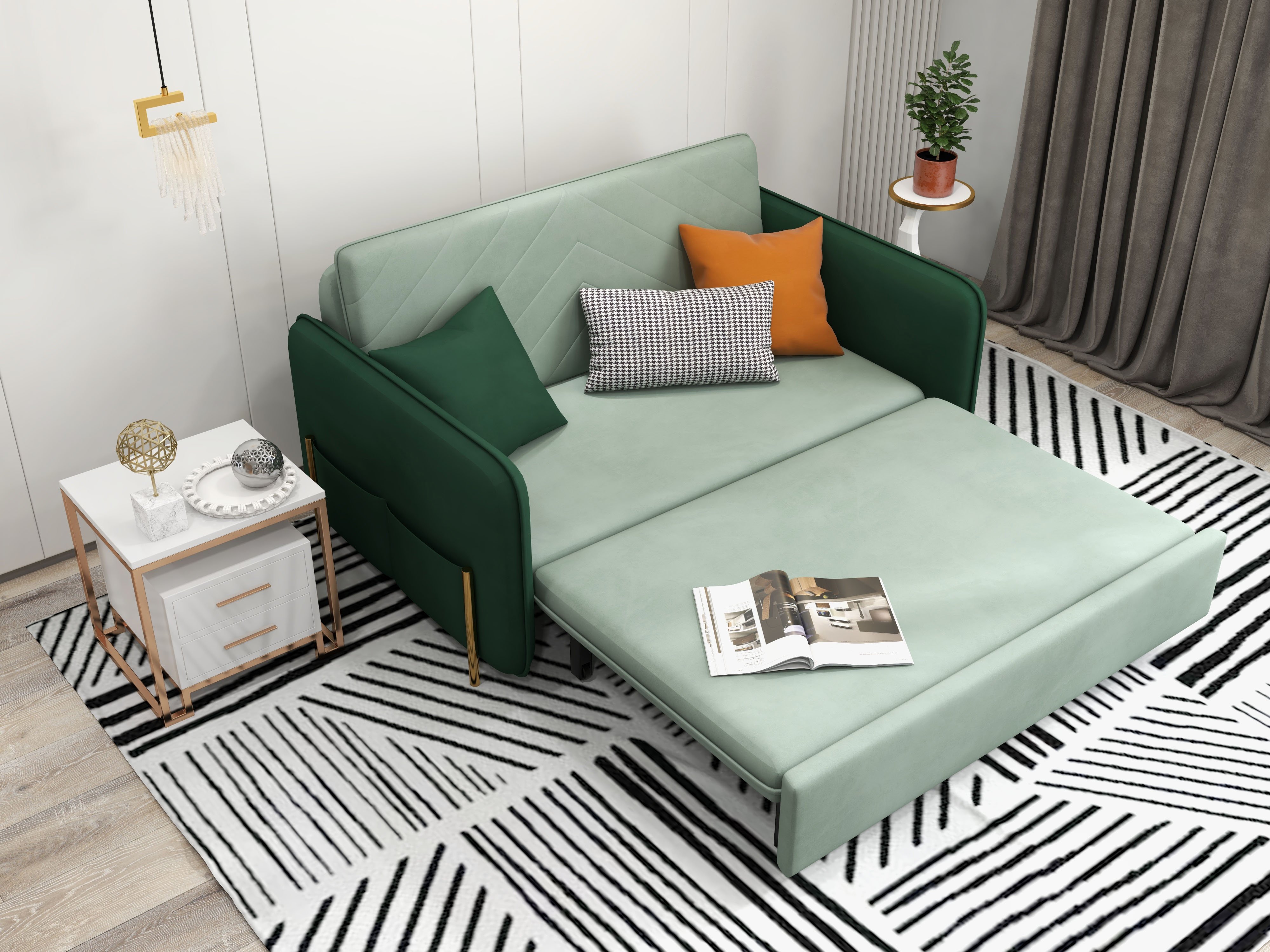 HMR Full 2-Seater Sleeper Sofa - Green/Gold, Velvet