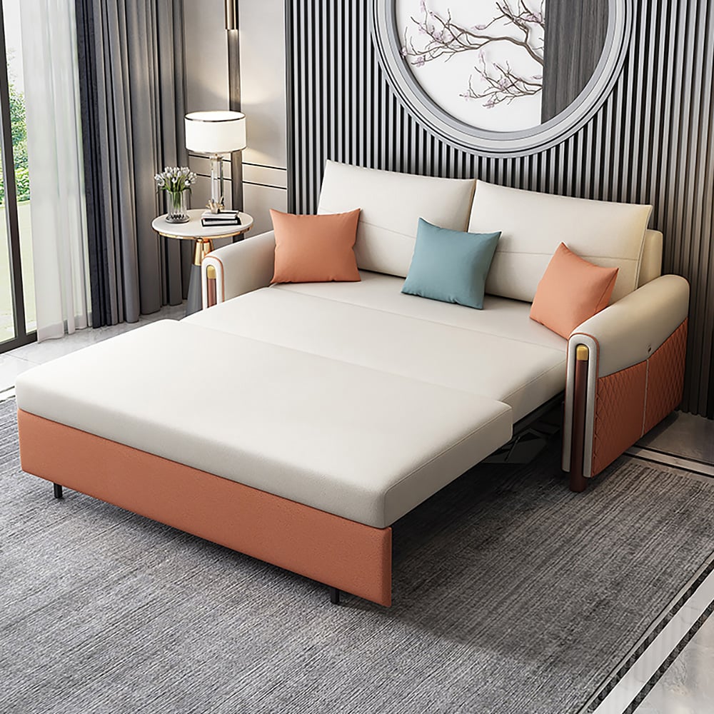 HMR - Convertible Sofa Leath-Aire Upholstery in 59"W, White and Orange