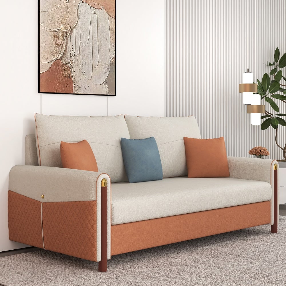 HMR - Convertible Sofa Leath-Aire Upholstery in 59"W, White and Orange