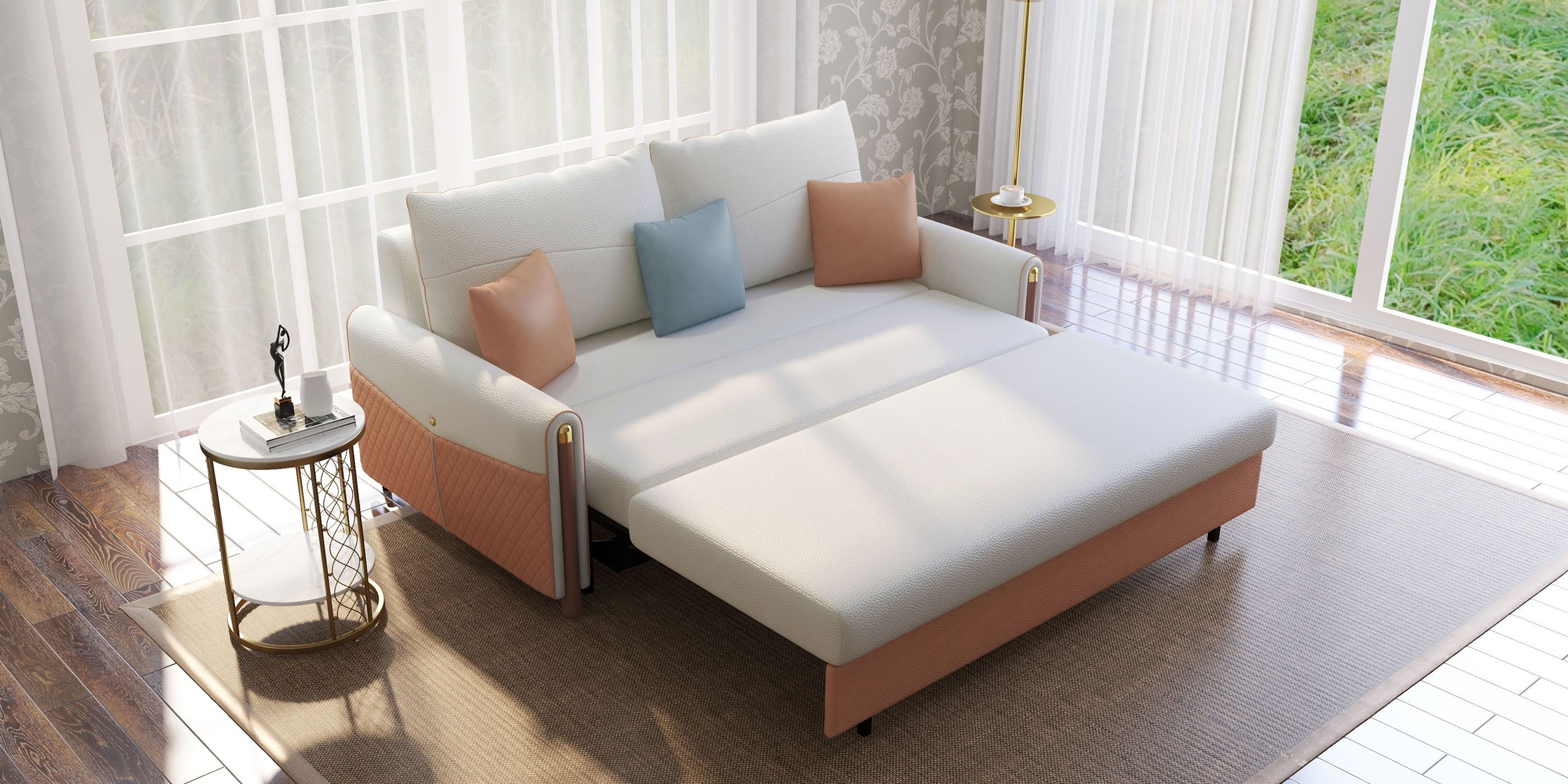 HMR - Convertible Sofa Leath-Aire Upholstery in 59"W, White and Orange