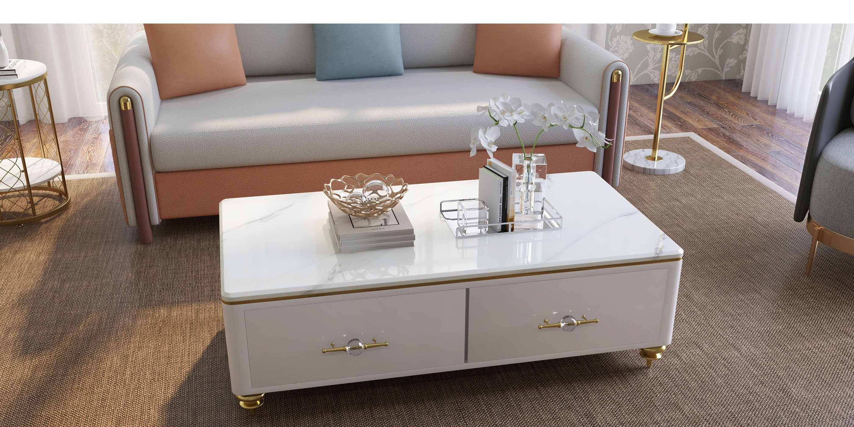 HMR - Convertible Sofa Leath-Aire Upholstery in 59"W, White and Orange