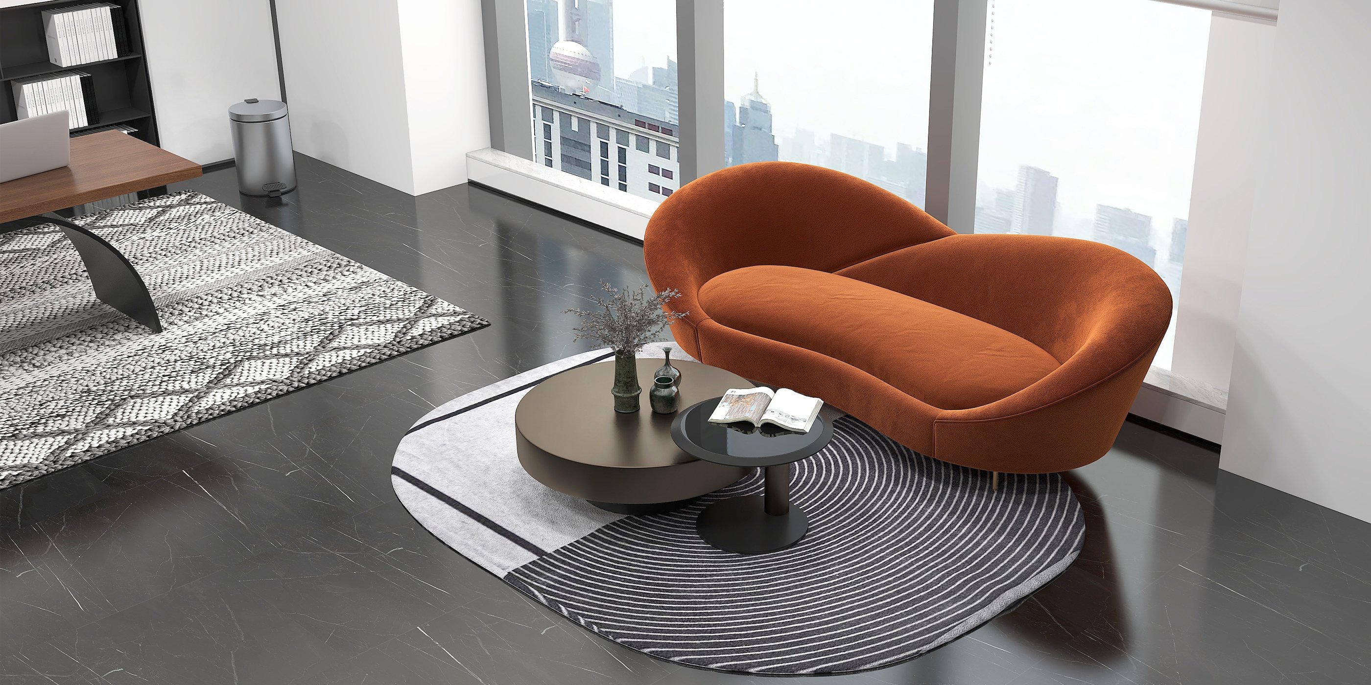 HMR Modern 93" 3-Seater Curved Sofa with Velvet Upholstered - Orange