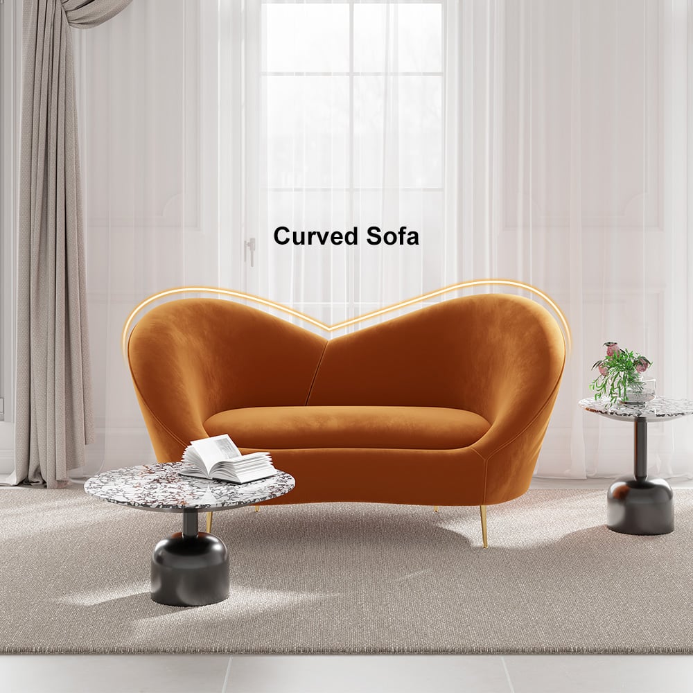 HMR Modern 93" 2-Seater Curved Sofa with Velvet Upholstered - Orange