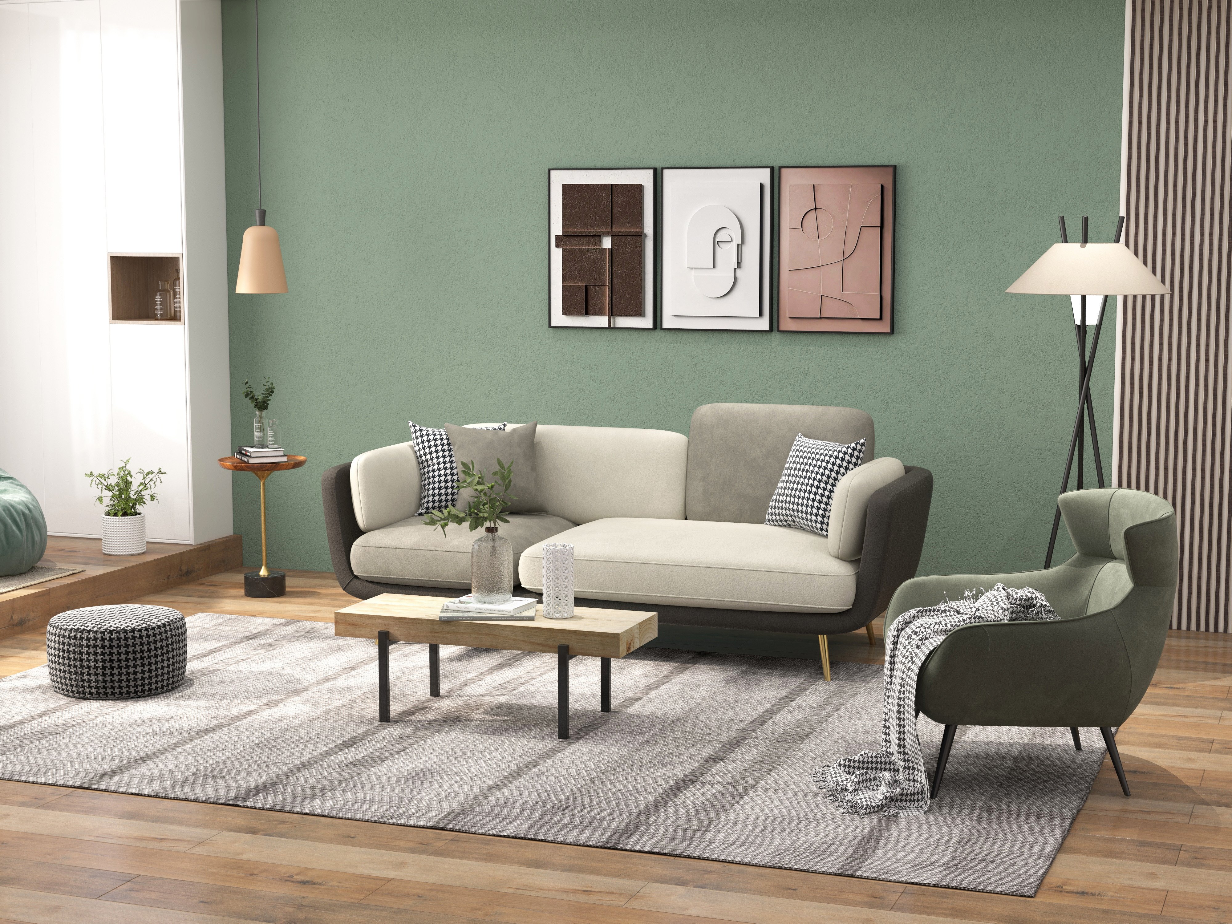 HMR - Volore Gray Upholstered Sofa 4-Seaters Gold Couch in 88.6"W