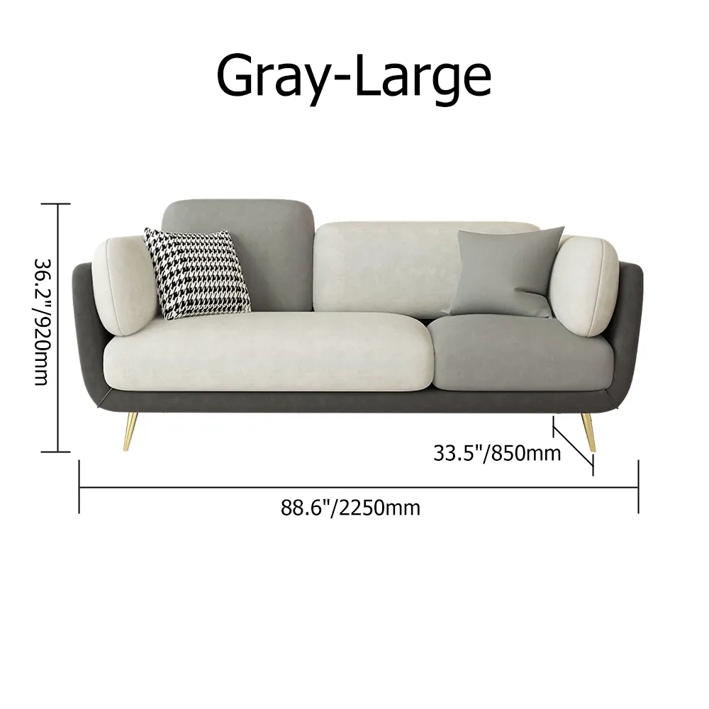 HMR - Volore Gray Upholstered Sofa 4-Seaters Gold Couch in 88.6"W