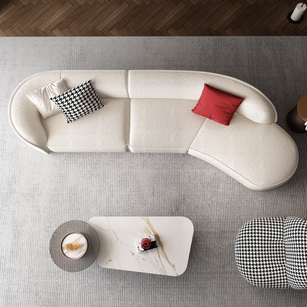 HMR - Curved Sectional Upholstered 5-Seater Sofa in 134" W, White