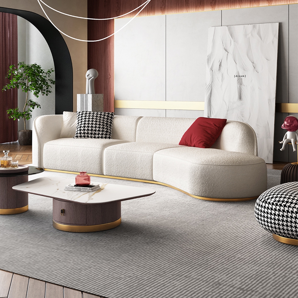 HMR - Curved Sectional Upholstered 5-Seater Sofa in 134" W, White