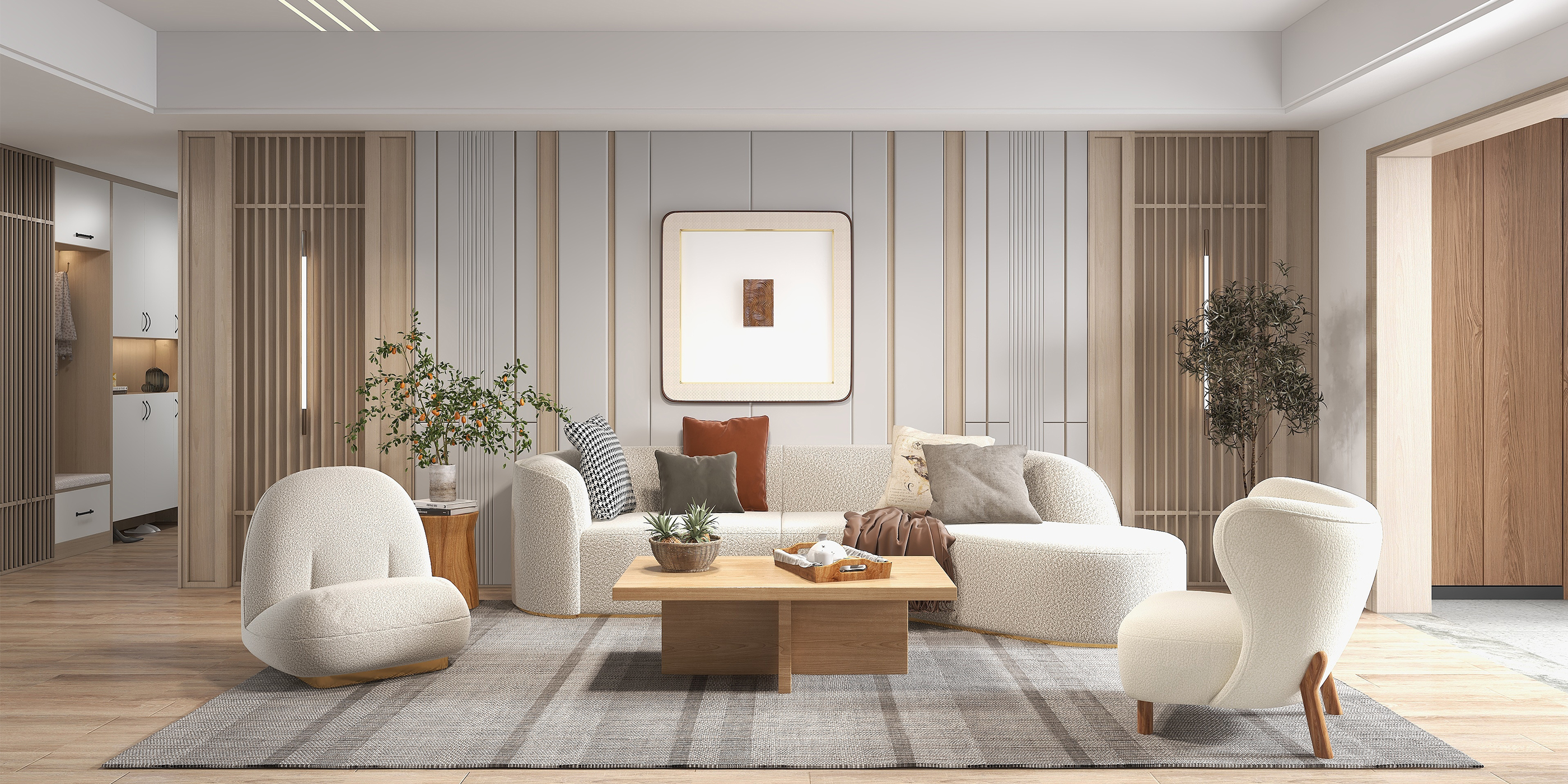 HMR - Curved Sectional Upholstered 5-Seater Sofa in 134" W, White