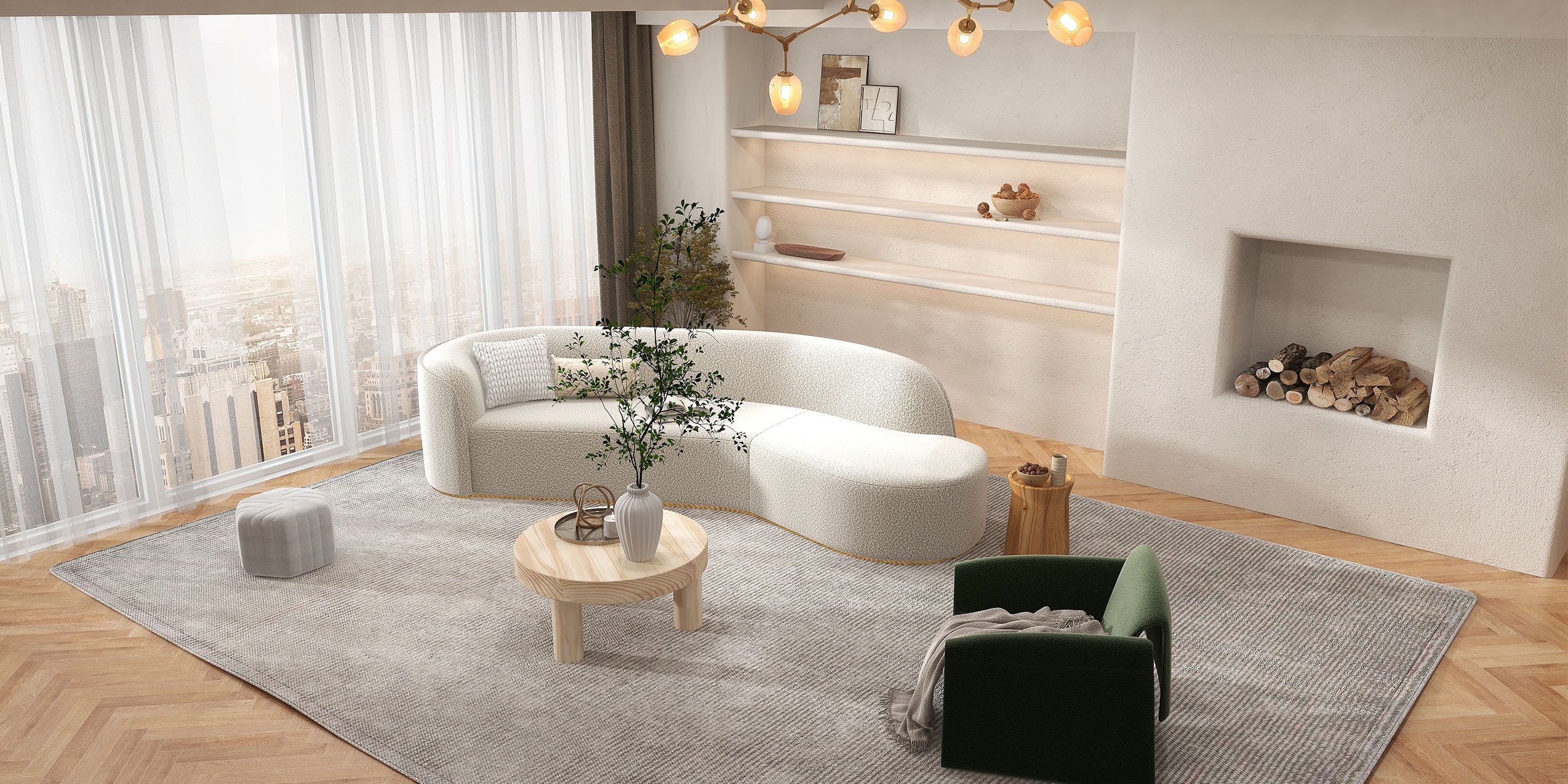 HMR - Curved Sectional Upholstered 5-Seater Sofa in 134" W, White