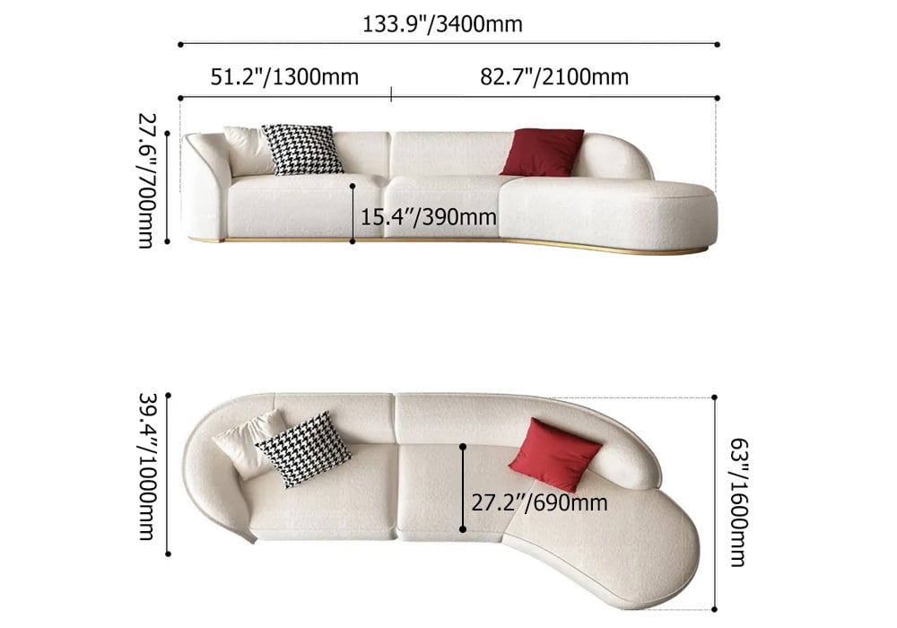 HMR - Curved Sectional Upholstered 5-Seater Sofa in 134" W, White